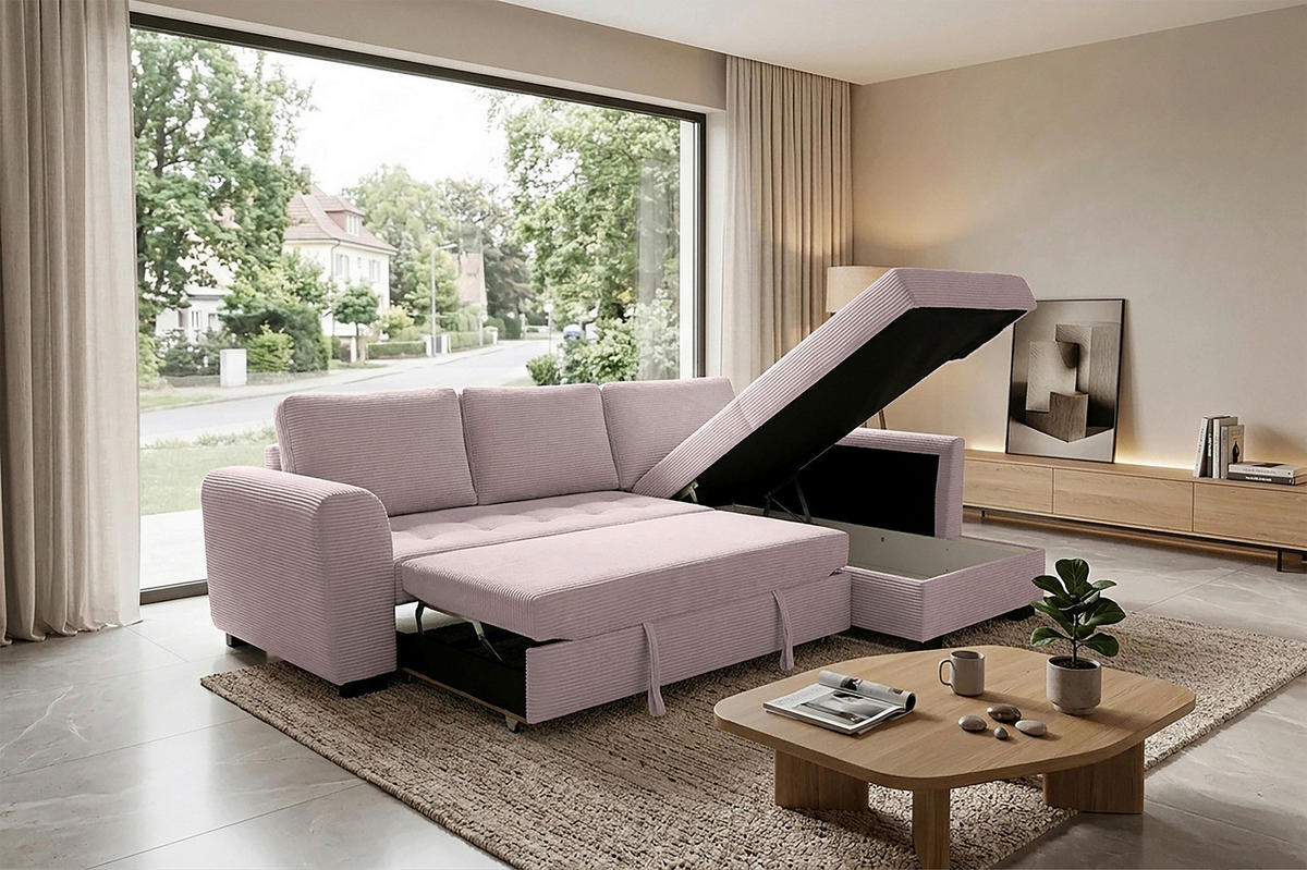 ECKSOFA JOHN Rosa Cord Rückenkissen, Bettkasten, Liegefläche im Originalstoff  - Schwarz/Rosa, Trend, Kunststoff/Textil (239/178cm) - P & B