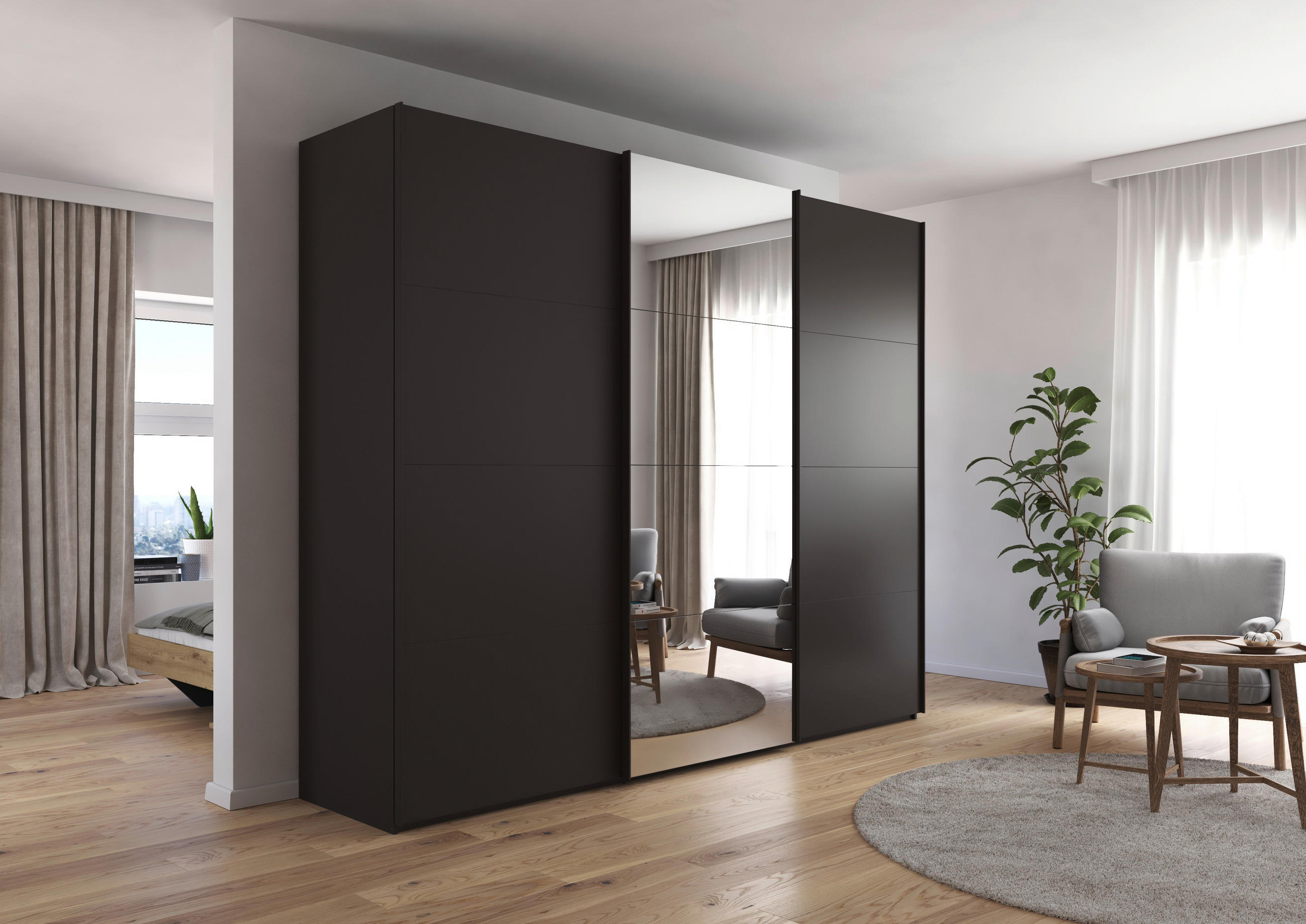 SCHWEBETÜRENSCHRANK 271/223/68 cm 3-türig Graphitfarben  - Graphitfarben, KONVENTIONELL, Glas/Holzwerkstoff (271/223/68cm) - home24
