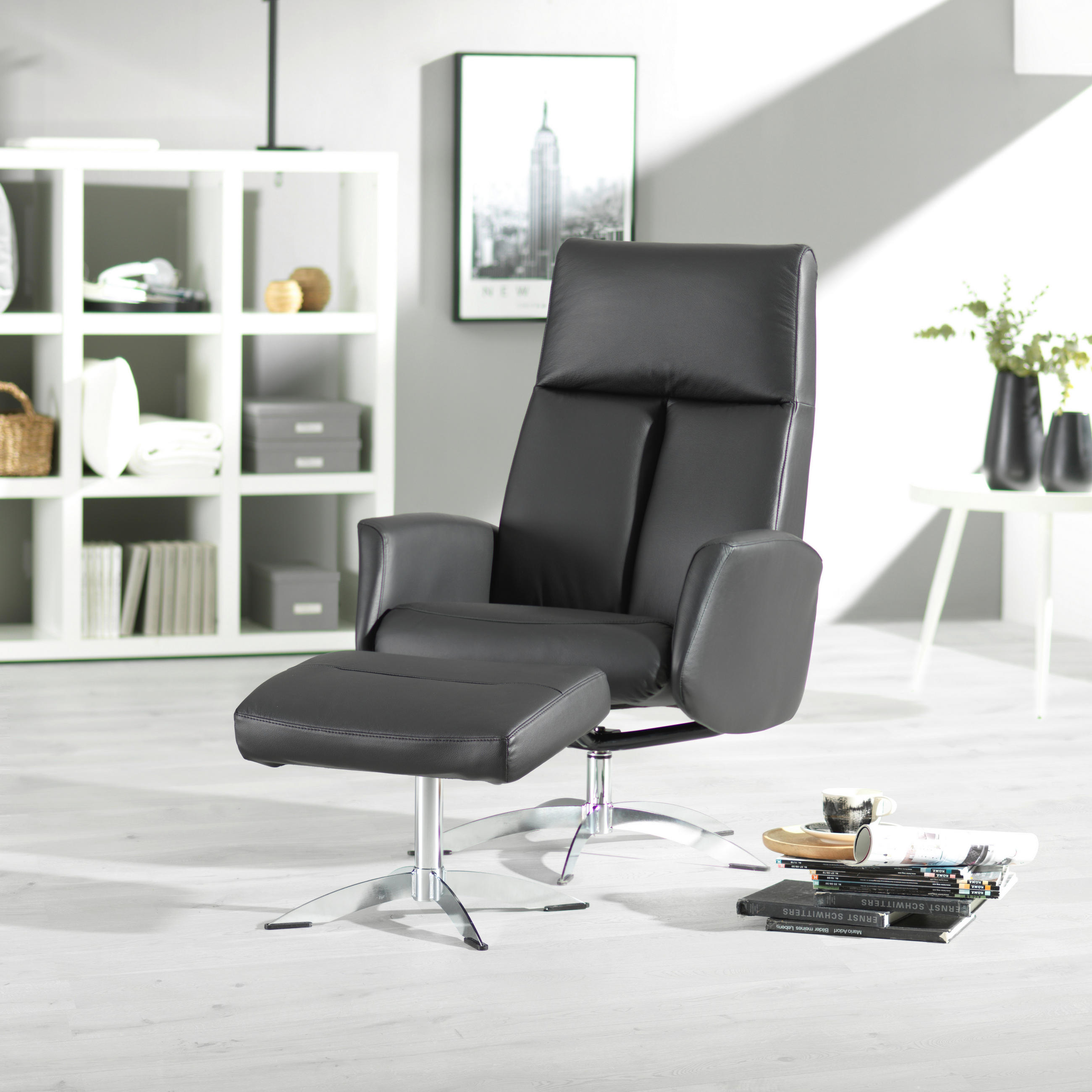 RELAXSESSELSET Lederlook Kombination Echtleder/Lederlook Relaxfunktion, Hocker    - Chromfarben/Schwarz, Design, Leder/Textil (71/105/75cm) - Welnova