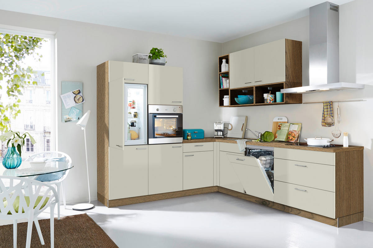 ECKKÜCHE 245/275 cm  in Eichefarben, Hellgrau  - Edelstahlfarben/Eichefarben, MODERN, Holzwerkstoff/Metall (245/275cm) - Welnova