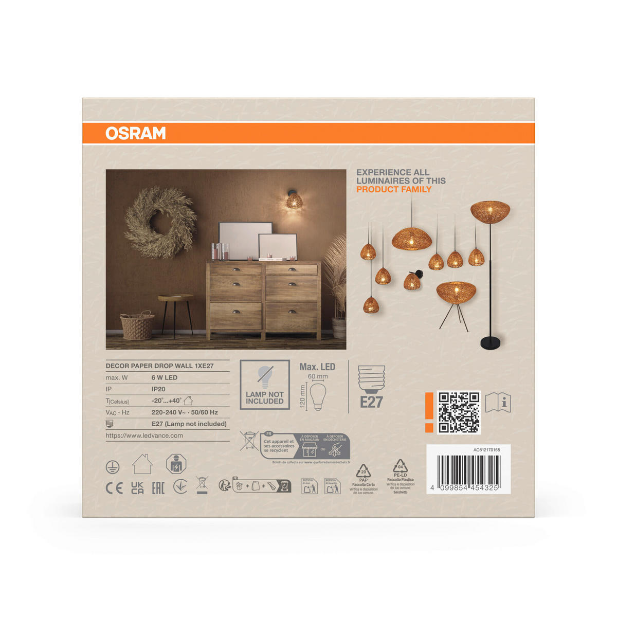 WANDLEUCHTE 16/18.6/21 cm   - Beige, Natur, Papier/Metall (16/18.6/21cm) - Osram