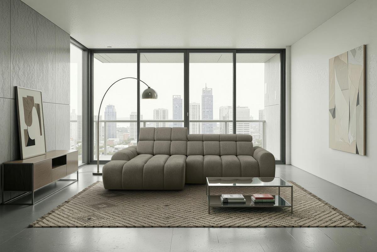 ECKSOFA Graubraun Chenille Bettkasten, Rücken echt, Relaxfunktion, Kopfteilverstellung  - Graubraun/Schwarz, Design, Kunststoff/Textil (152/290cm) - Stylife