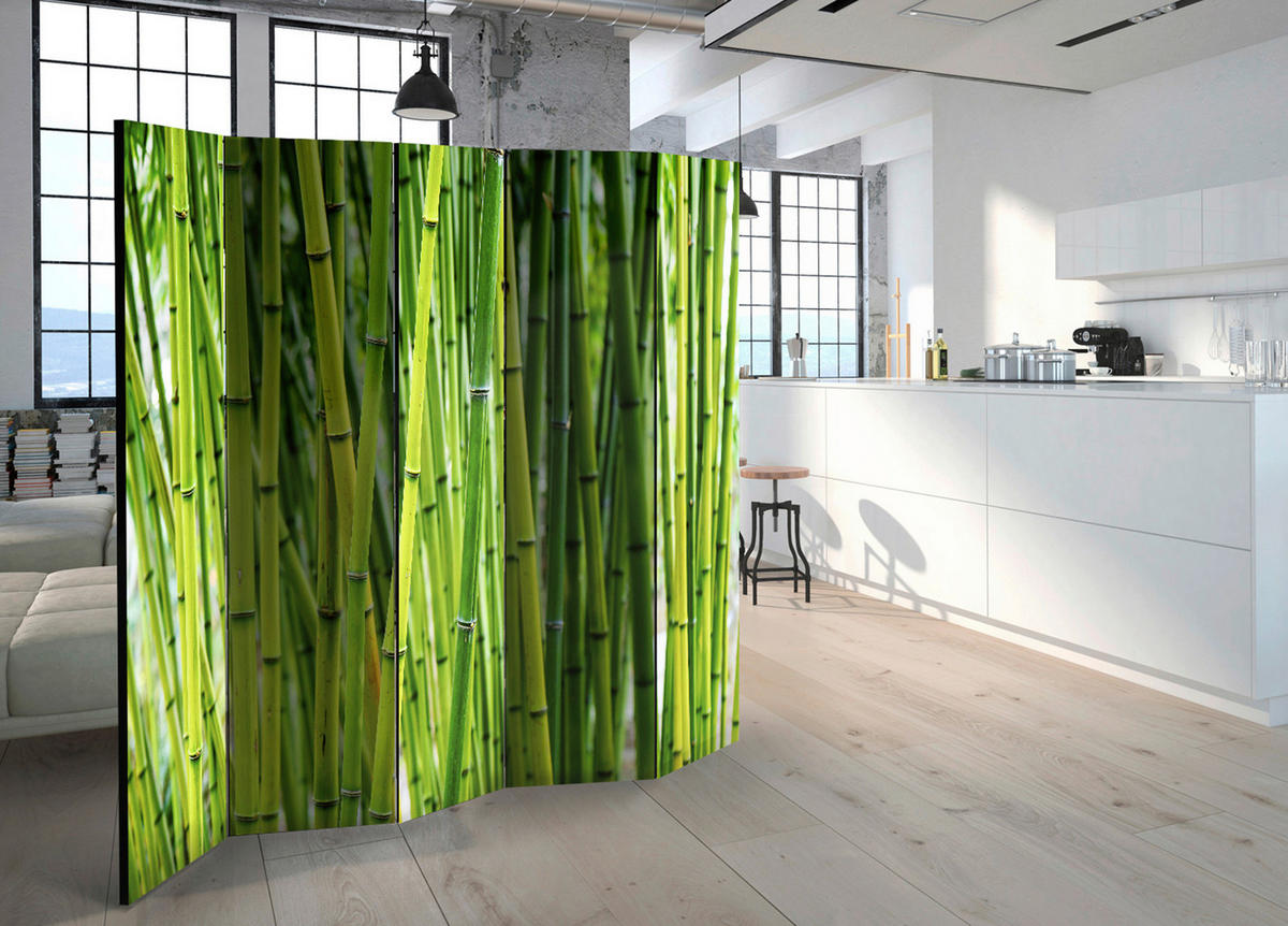 PARAVENT mit 5  Flügel - Hellgrün, Basics, Holz/Textil (225/172/3cm) - artgeist