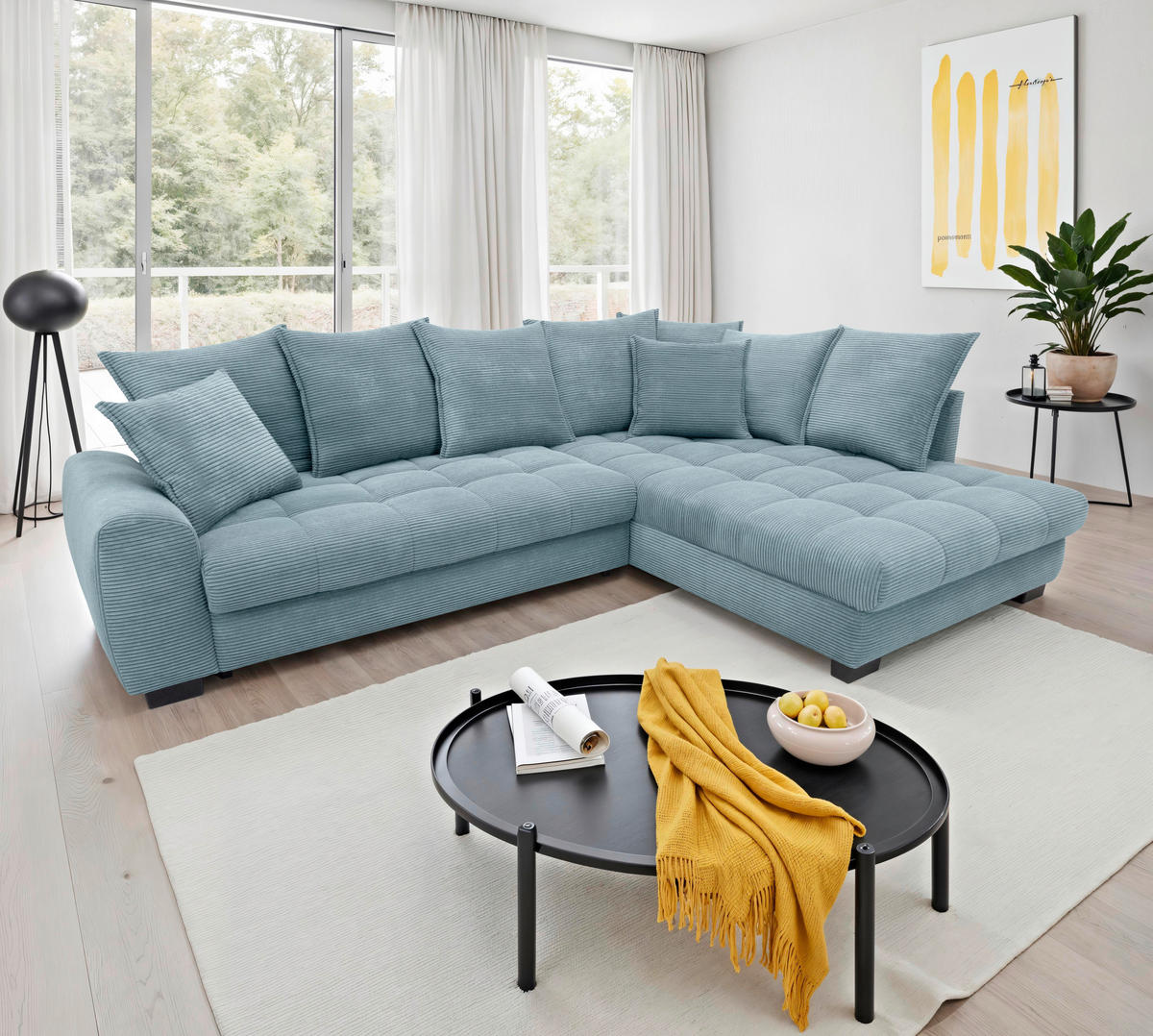 ECKSOFA Blaugrau Cord Rückenkissen, Armlehnenkissen, Bettkasten, Schlaffunktion, Rücken echt, Liegefläche im Originalstoff  - Blaugrau/Schwarz, KONVENTIONELL, Kunststoff/Textil (304/212cm) - Carryhome