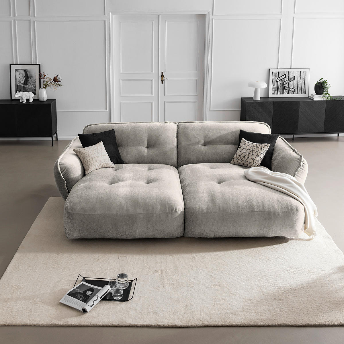 BIGSOFA in Chenille Silberfarben  - Silberfarben/Schwarz, Modern, Kunststoff/Textil (285/87/184cm) - Trendmanufaktur