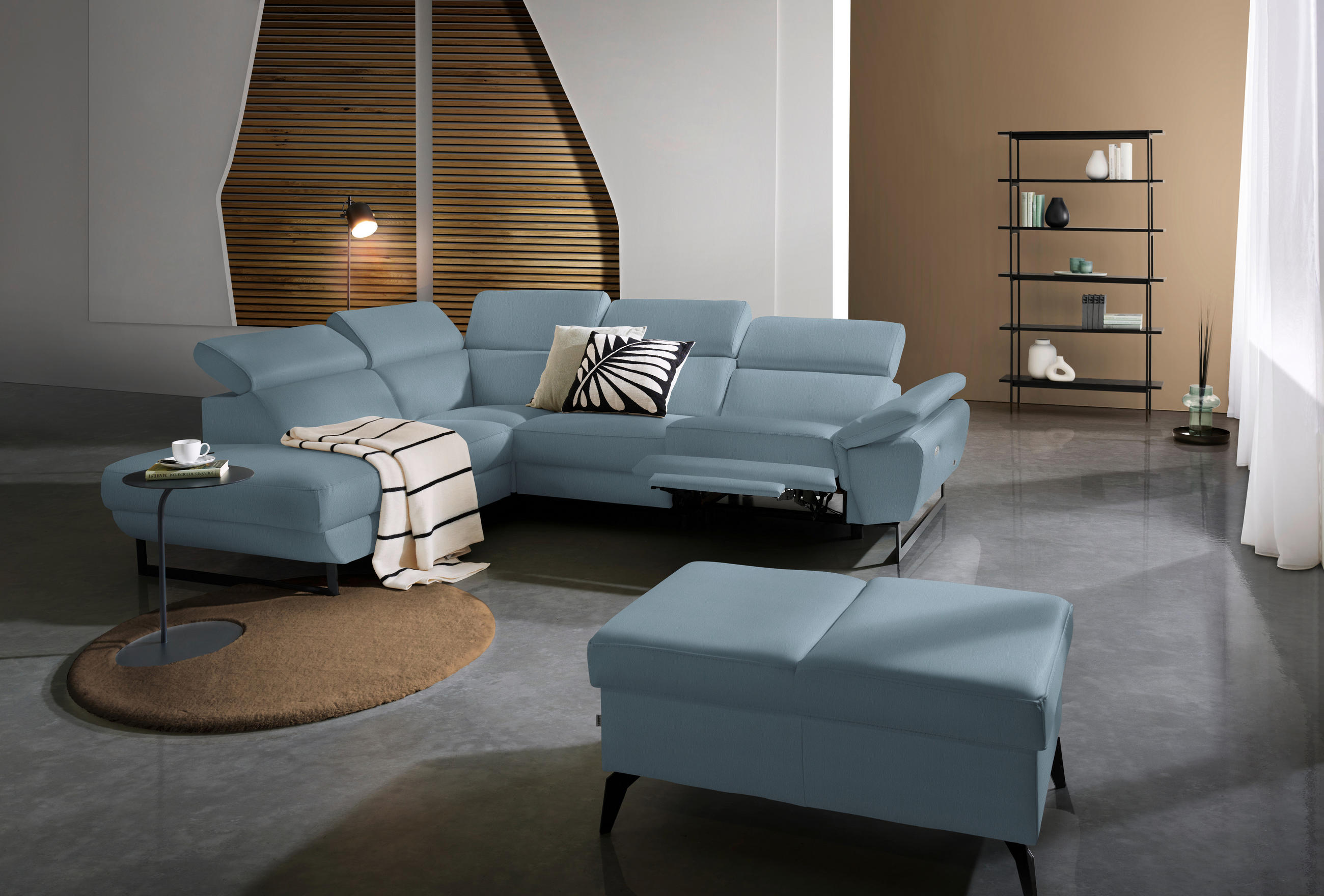 ECKSOFA Blaugrau Echtleder  - Blaugrau/Schwarz, Design, Leder/Metall (225/281cm) - Celina Home