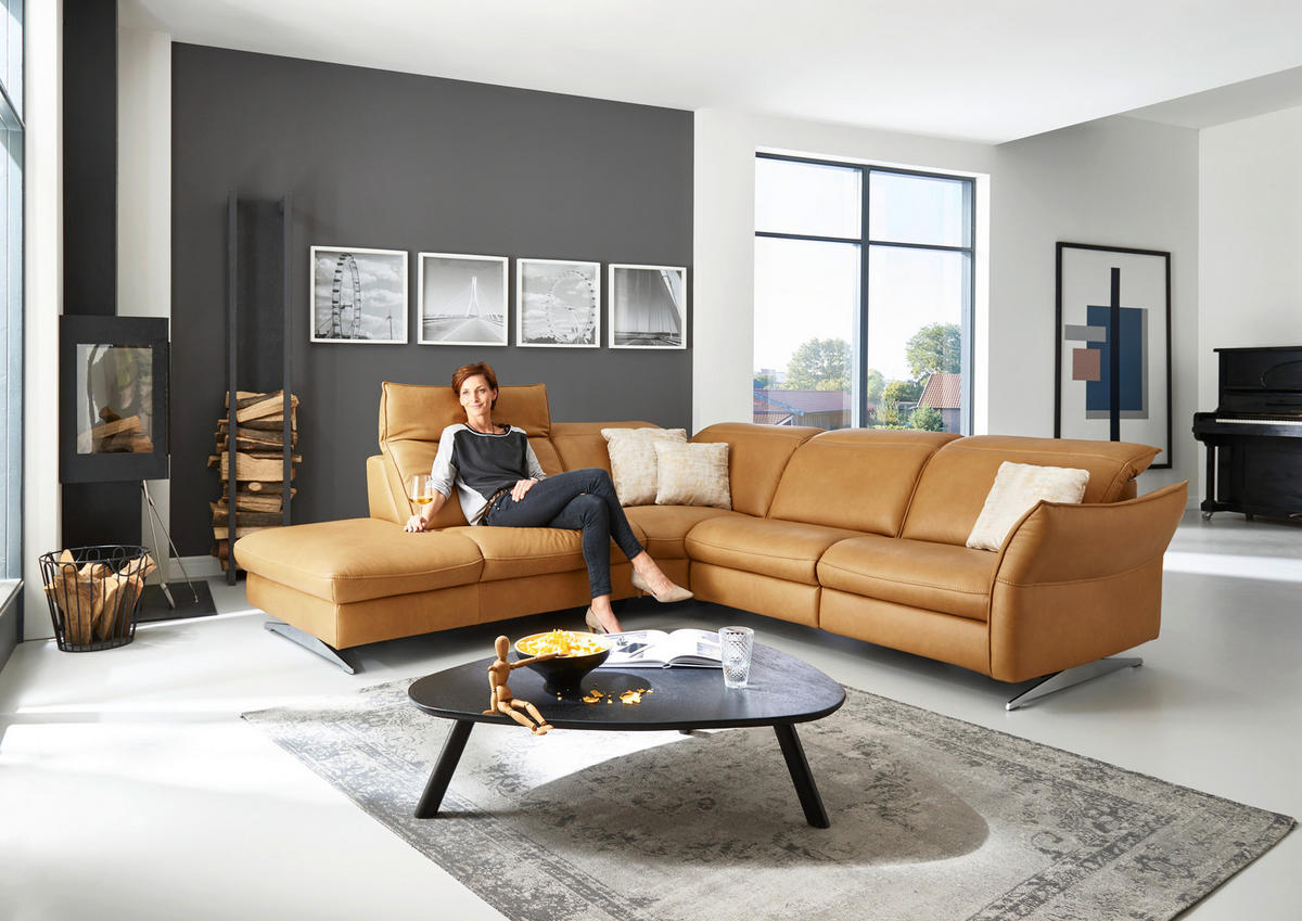 ECKSOFA in Echtleder Orange  - Edelstahlfarben/Orange, Design, Leder/Metall (258/292cm) - Hukla