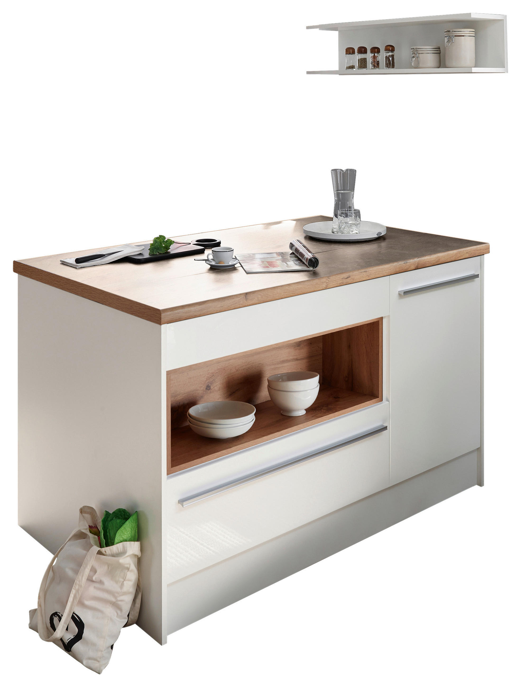 KUHINJSKI OTOK bijela visoki sjaj, bijela - bijela/srebrne boje, Basics, drvni materijal/plastika (145cm) - MID.YOU