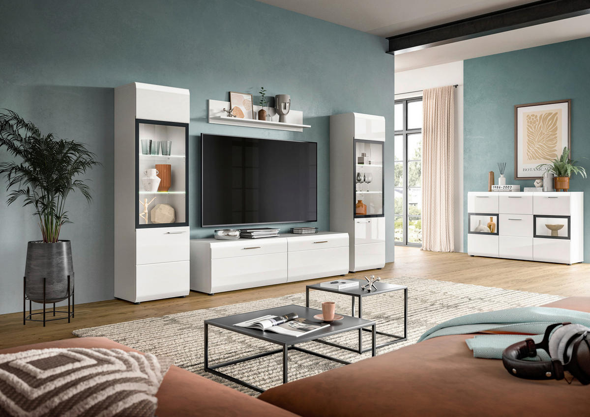 WOHNWAND 4-teilig  in Weiß, Weiß Hochglanz  280/160/41 cm  - Weiß Hochglanz/Silberfarben, Design, Glas/Holzwerkstoff (280/160/41cm) - Livetastic