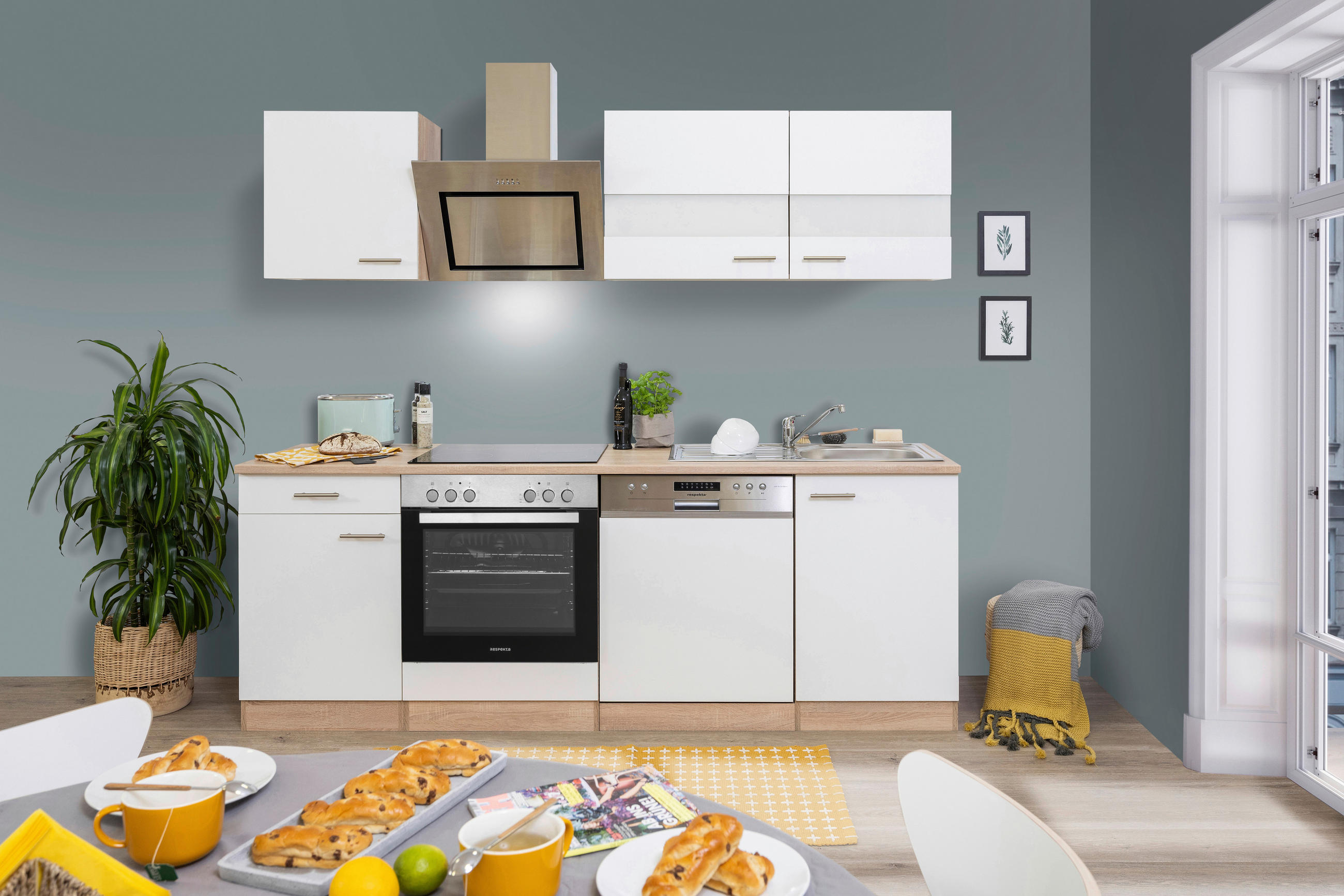 BLOK KUHINJA S APARATIMA  bijela  - bijela/boje hrasta, Basics, drvni materijal/metal (220cm) - Respekta
