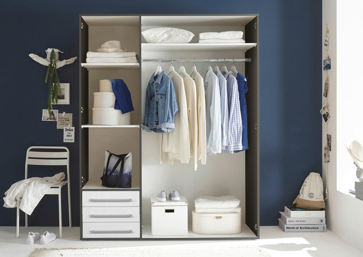 DREHTÜRENSCHRANK 155/194/58 cm 3-türig Weiß, Graphitfarben  - Silberfarben/Graphitfarben, MODERN, Holzwerkstoff/Kunststoff (155/194/58cm) - Livetastic