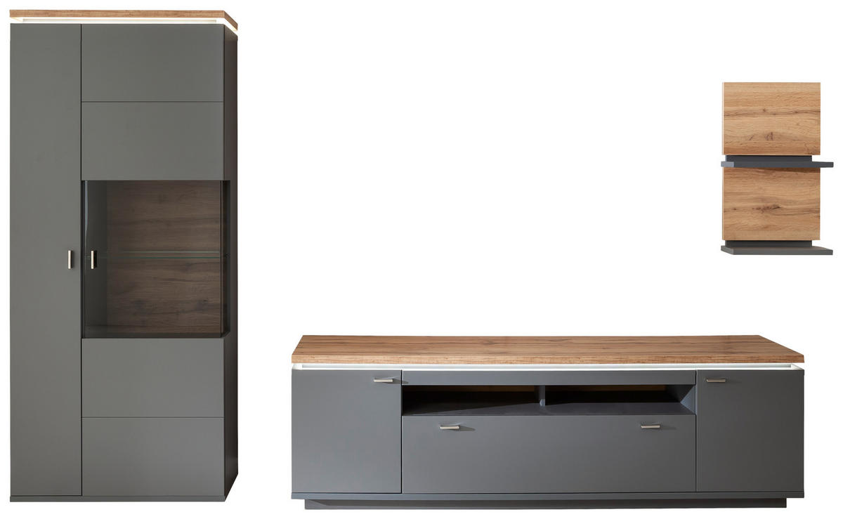 WOHNWAND  in Grau, Eiche Wotan 335/208/50 cm  - Eiche Wotan/Grau, Design, Glas/Holzwerkstoff (335/208/50cm) - Stylife