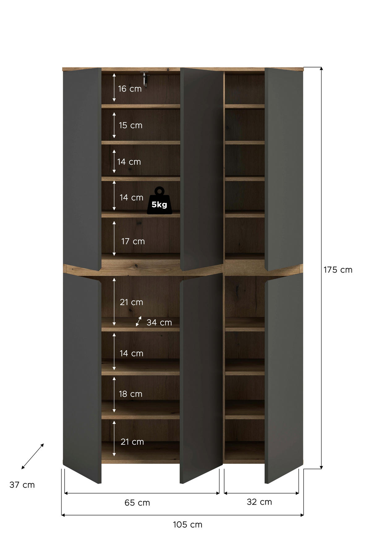 GARDEROBENSCHRANK  in 105/175/37 cm  - Eichefarben/Anthrazit, Design, Holzwerkstoff/Kunststoff (105/175/37cm) - Livetastic