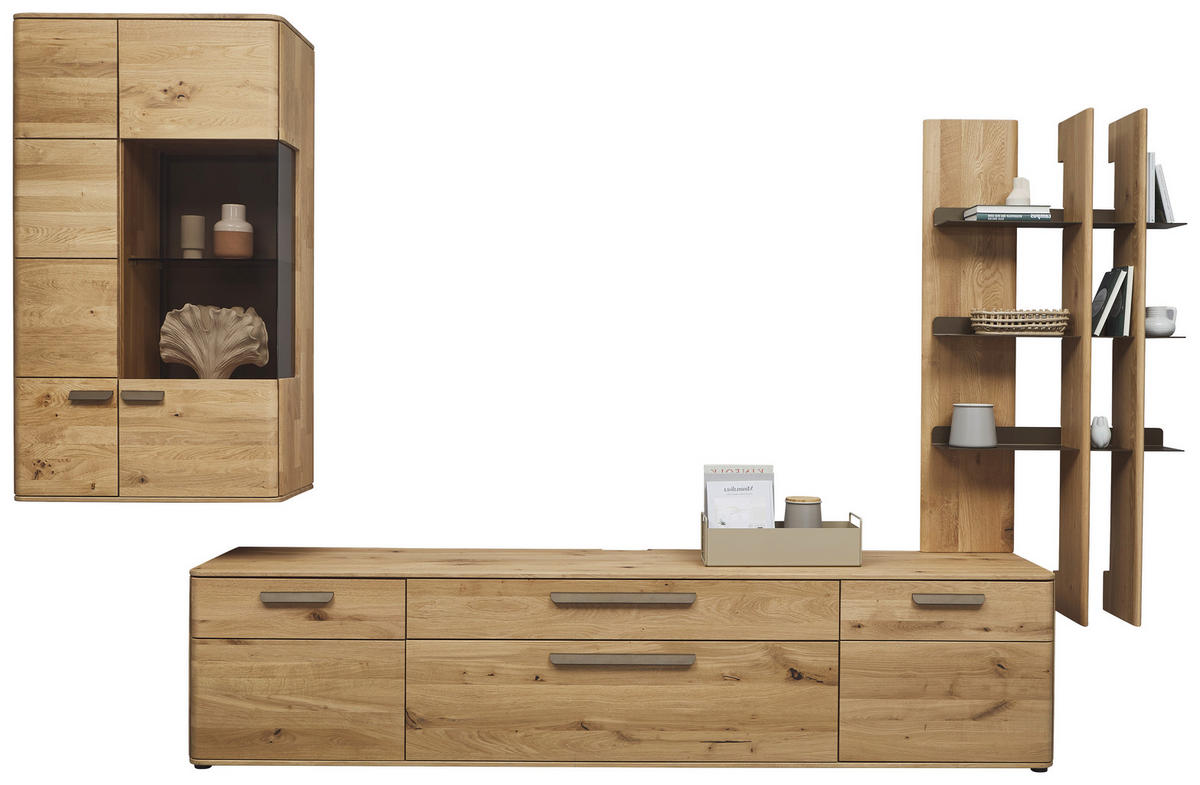 WOHNWAND  in Bronzefarben, Wildeiche  340,1/214/45,2 cm  - Wildeiche/Schwarz, Natur, Glas/Holz (340,1/214/45,2cm) - Valnatura