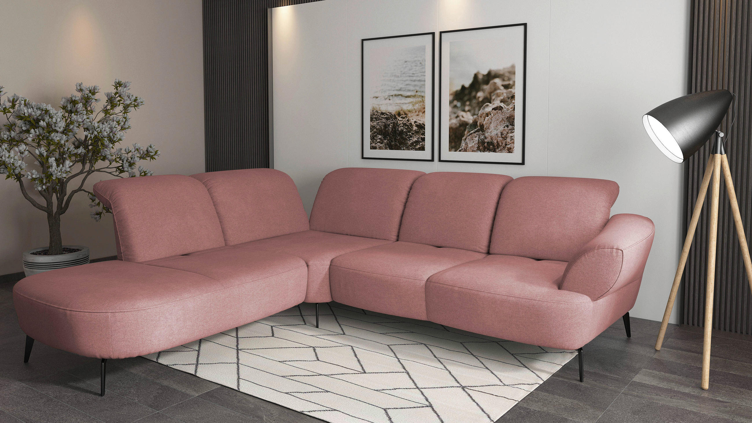 ECKSOFA in Mikrofaser Altrosa - Schwarz/Altrosa, Modern, Textil/Metall (270/302cm) - Sit & More