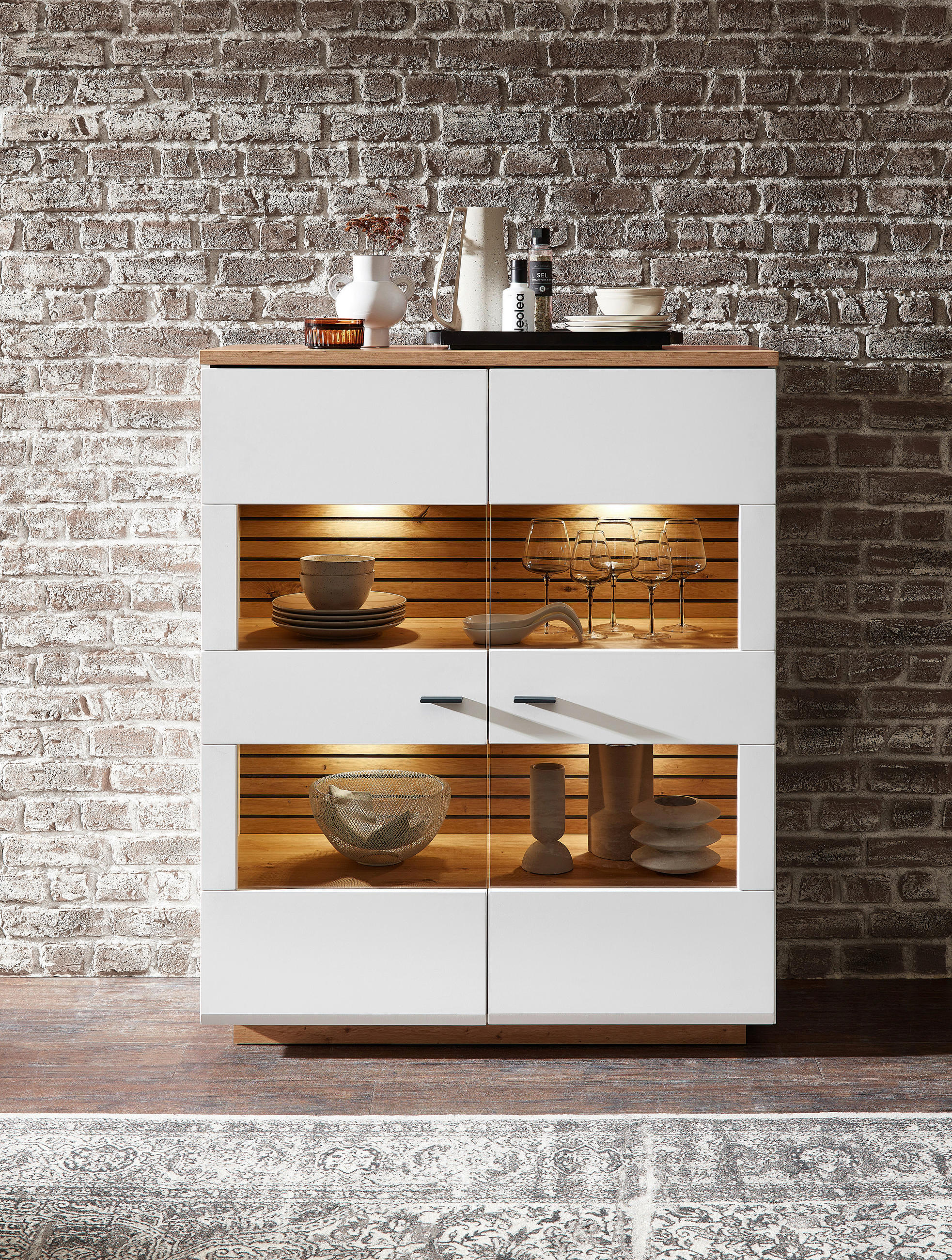 HIGHBOARD Weiss, Eiche Artisan  110/136/40 cm  - Weiss/Anthrazit, Design, Glas/Holzwerkstoff (110/136/40cm) - Stylife