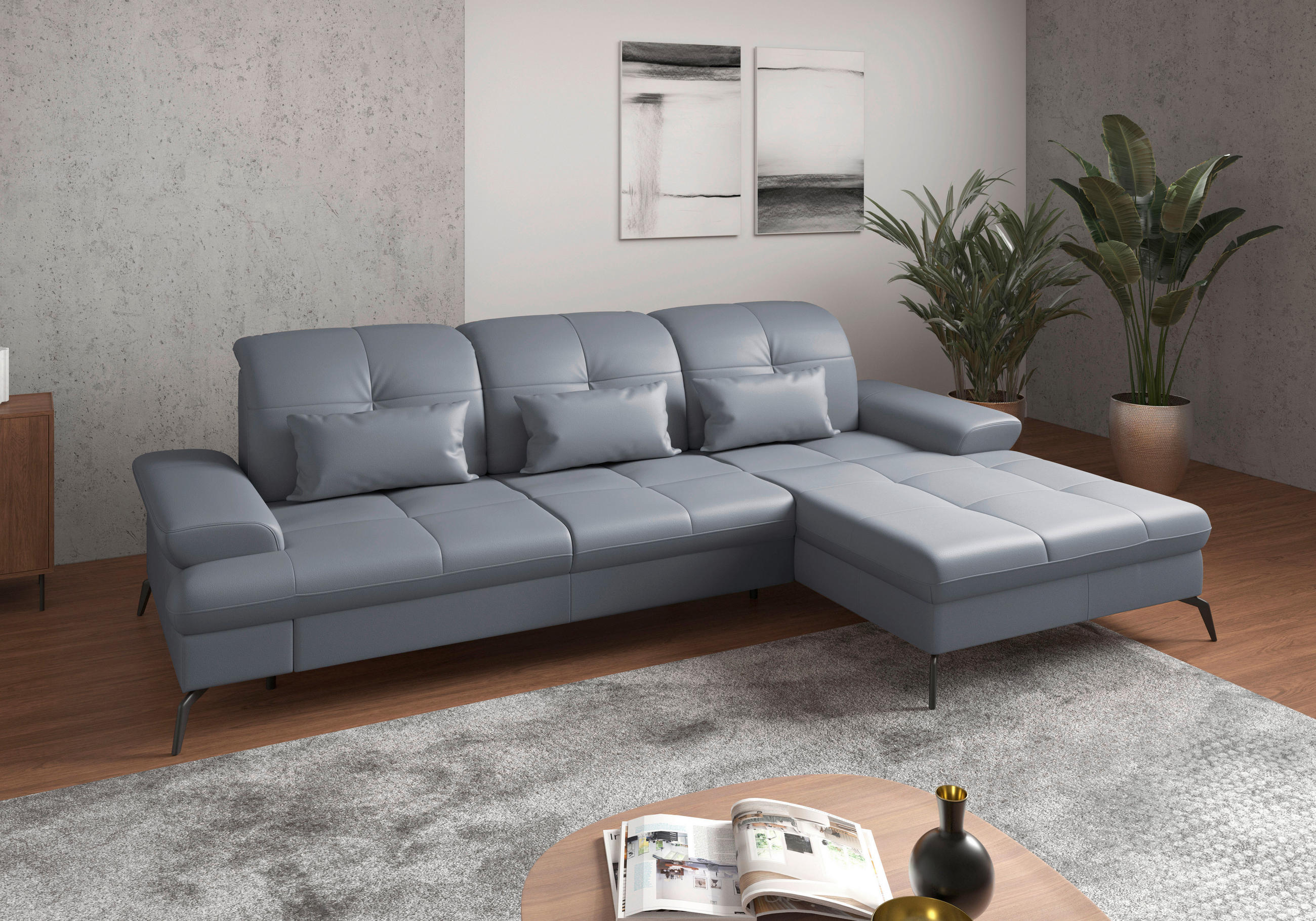 ECKSOFA in Echtleder Graublau  279/185 cm  - Graublau/Schwarz, KONVENTIONELL, Leder/Metall (279/185cm) - Sit & More