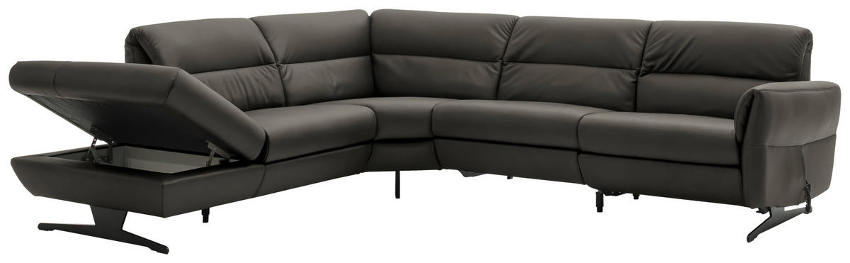 ECKSOFA Dunkelgrau Echtleder  - Dunkelgrau/Schwarz, Design, Leder/Metall (258/286cm) - Schöner Wohnen