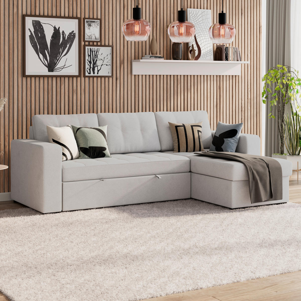 ECKSOFA TURIN Creme Mikrofaser, Struktur Rückenkissen, Bettkasten  - Creme/Schwarz, Trend, Textil/Metall (239/160cm) - MID.YOU