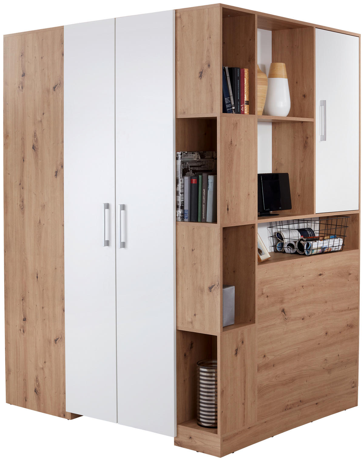 ECKSCHRANK 150/205/120 cm Weiß, Eiche Artisan  - Alufarben/Weiß, MODERN, Holzwerkstoff (150/205/120cm) - Ondega