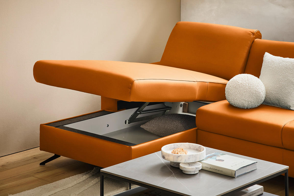ECKSOFA in Echtleder Orange  165/267 cm  - Schwarz/Orange, Design, Leder/Metall (165/267cm) - Lomoco