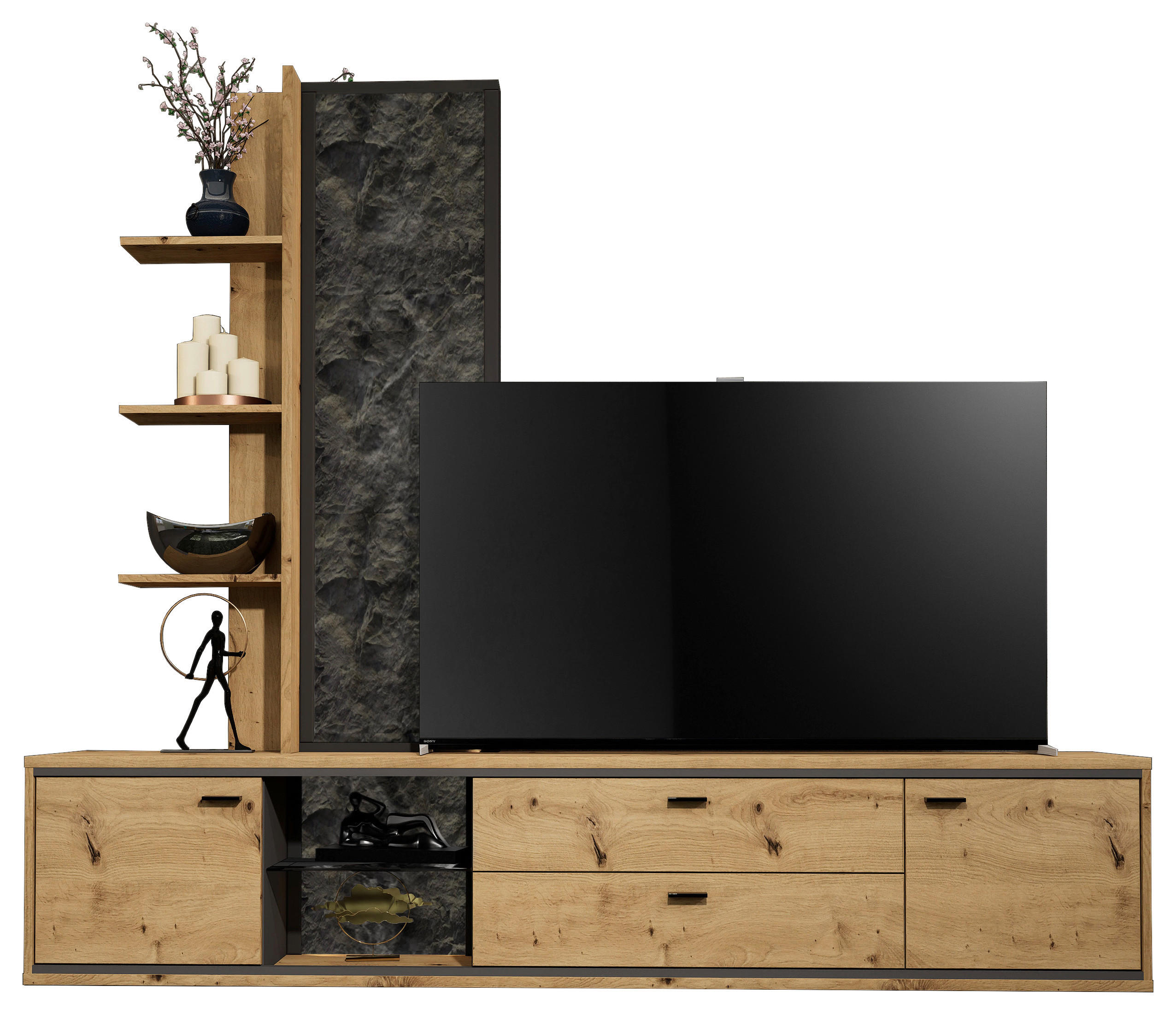 WOHNWAND  in Graphitfarben, Eiche Artisan  220/190/40 cm  - Schwarz/Graphitfarben, Design, Glas/Holzwerkstoff (220/190/40cm) - Cantus