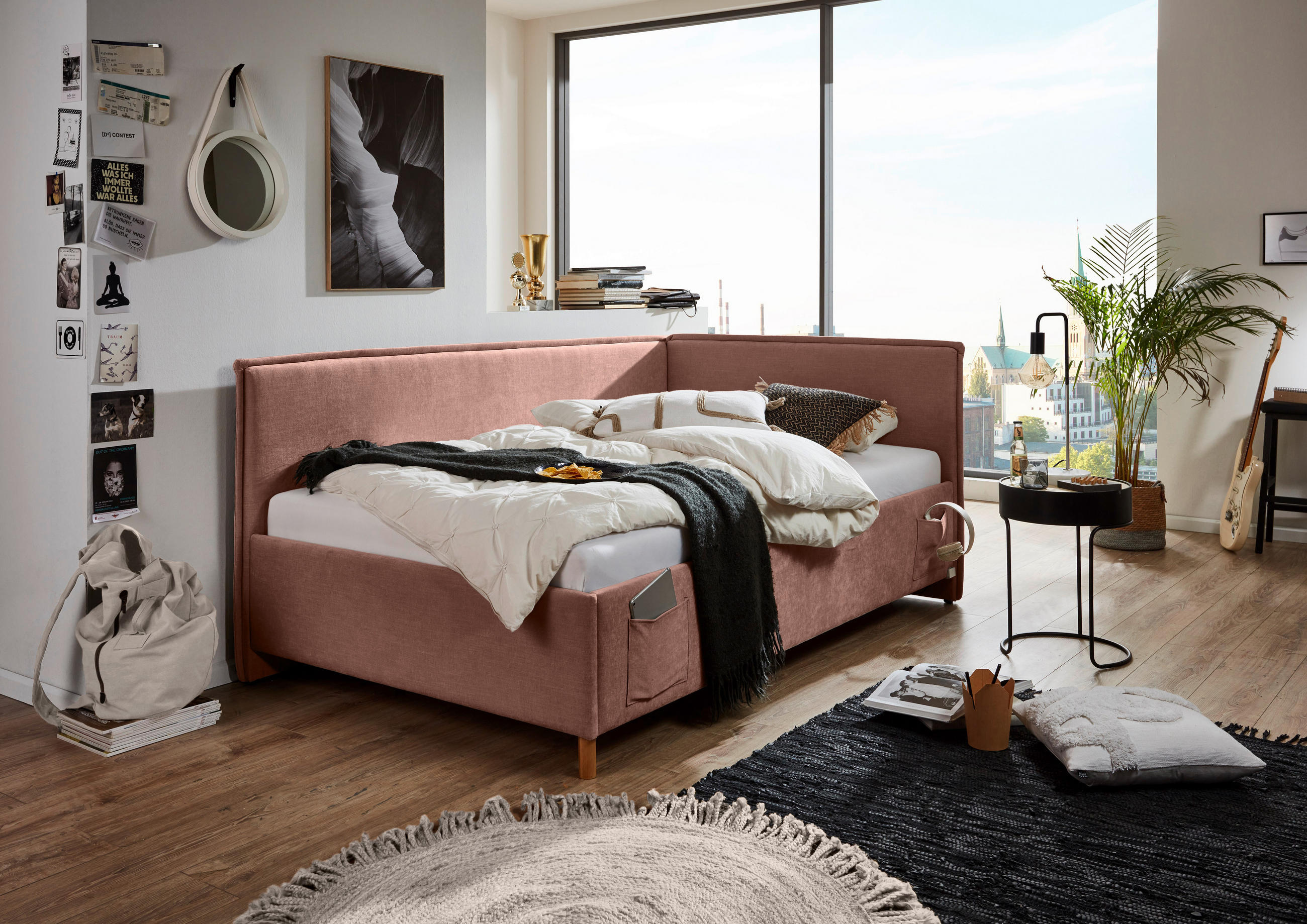 POLSTERLIEGE Flachgewebe Rosa  - Eichefarben/Birkefarben, KONVENTIONELL, Holz/Textil (120/200cm) - Stylife