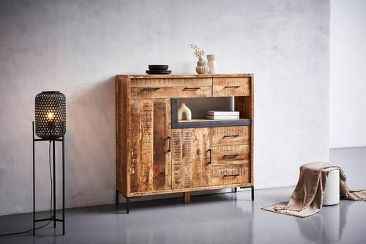 COMODĂ ÎNALTĂ 135/132/40 cm  - culoare natur/negru, Natur, metal/lemn (135/132/40cm) - MID.YOU