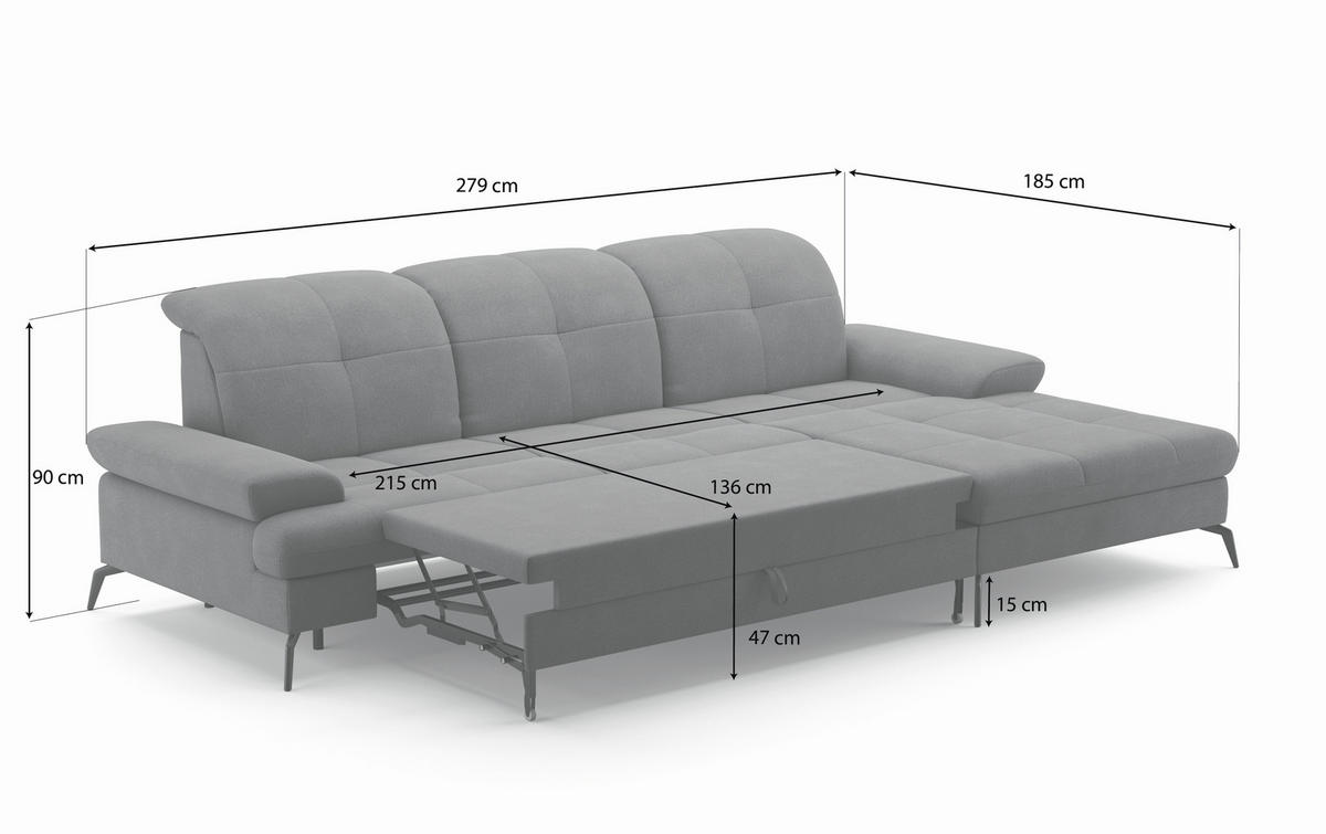 ECKSOFA in Flachgewebe Grau  - Schwarz/Grau, Konventionell, Textil/Metall (279/185cm) - Sit & More