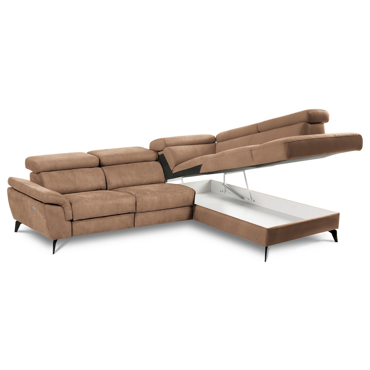 ECKSOFA SONO in Lederlook Hellbraun Bettkasten, Armteilverstellung, Kopfteilverstellung  265/210 cm  - Hellbraun/Schwarz, Design, Textil/Metall (265/210cm) - Livetastic