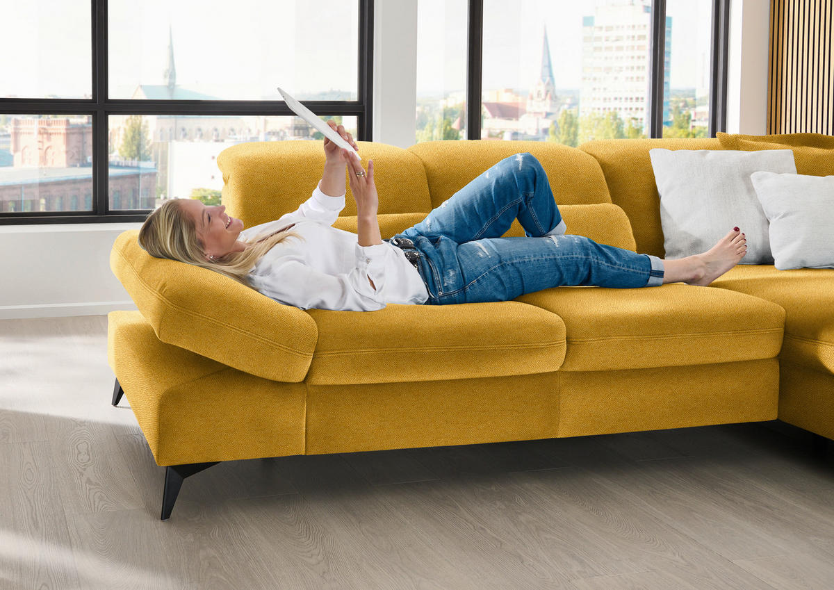 ECKSOFA  in Chenille Currygelb  288/198 cm  - Currygelb/Schwarz, Design, Textil/Metall (288/198cm) - Beldomo Style