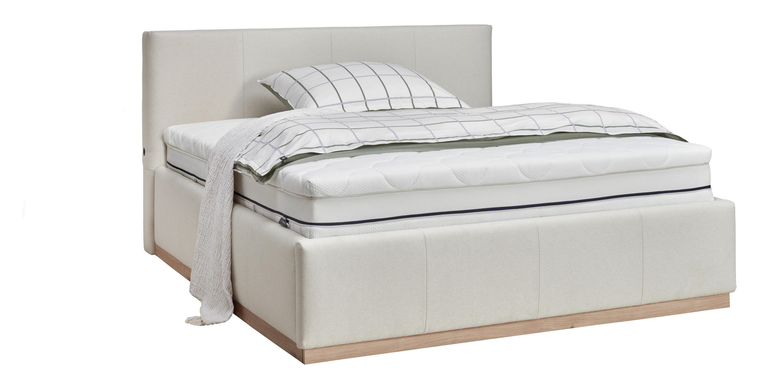 POLSTERBETT 180/200 cm,  in Hickory, Creme, Beleuchtung, Bettkasten, Lattenrost,  - Birkefarben/Creme, Design, Holz/Textil (180/200cm) - Lomoco