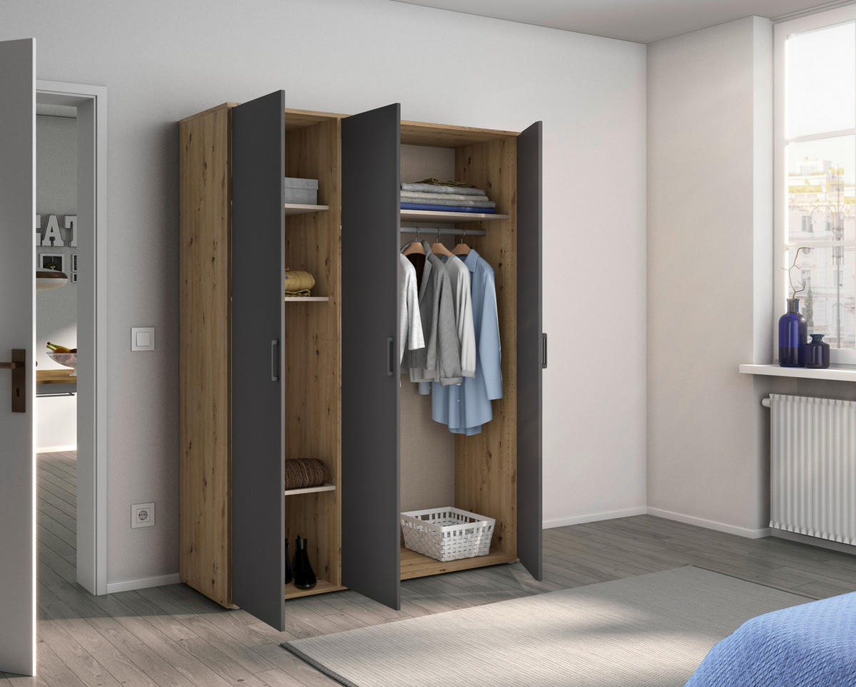 DREHTÜRENSCHRANK in Grau, Eiche Artisan  - Eiche Artisan/Grau, Modern, Holzwerkstoff/Kunststoff (140/194/53cm) - Rauch Möbel