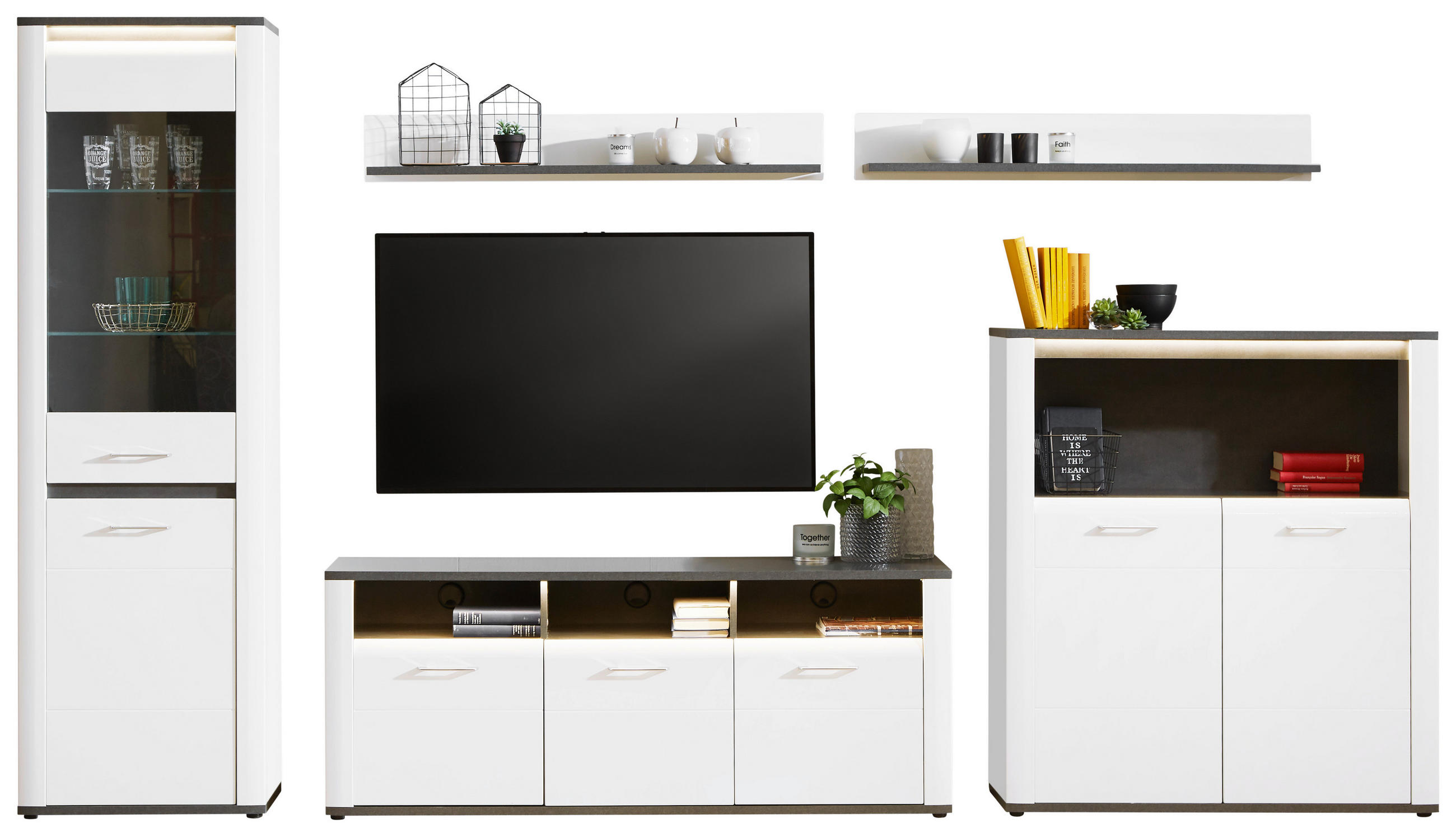 Wohnkombination Modern 5 -Teilig. mit Led Alassio 7, Weiß/Matera