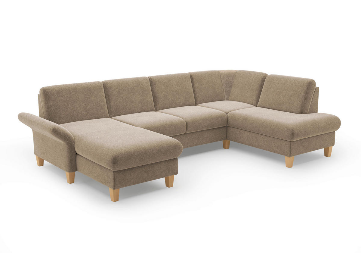 WOHNLANDSCHAFT Hellbraun Flachgewebe  - Hellbraun/Eichefarben, KONVENTIONELL, Holz/Textil (164/314/195cm) - Sit & More