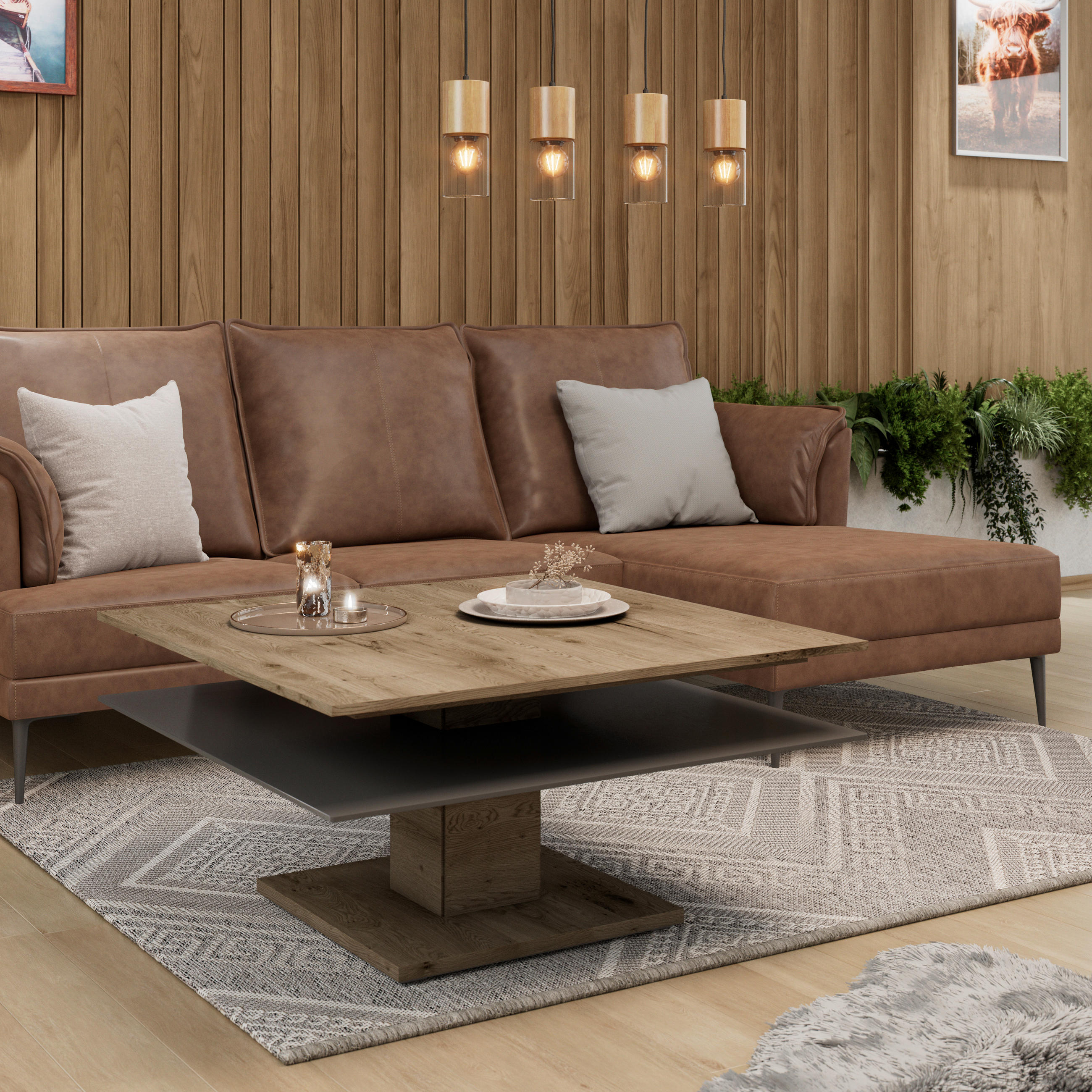 COUCHTISCH Altholz, Eiche massiv Farbglas 90/90/46 cm quadratisch Anthrazit, Eichefarben  - Eichefarben/Anthrazit, Design, Glas/Holz (90/90/46cm) - Voglauer