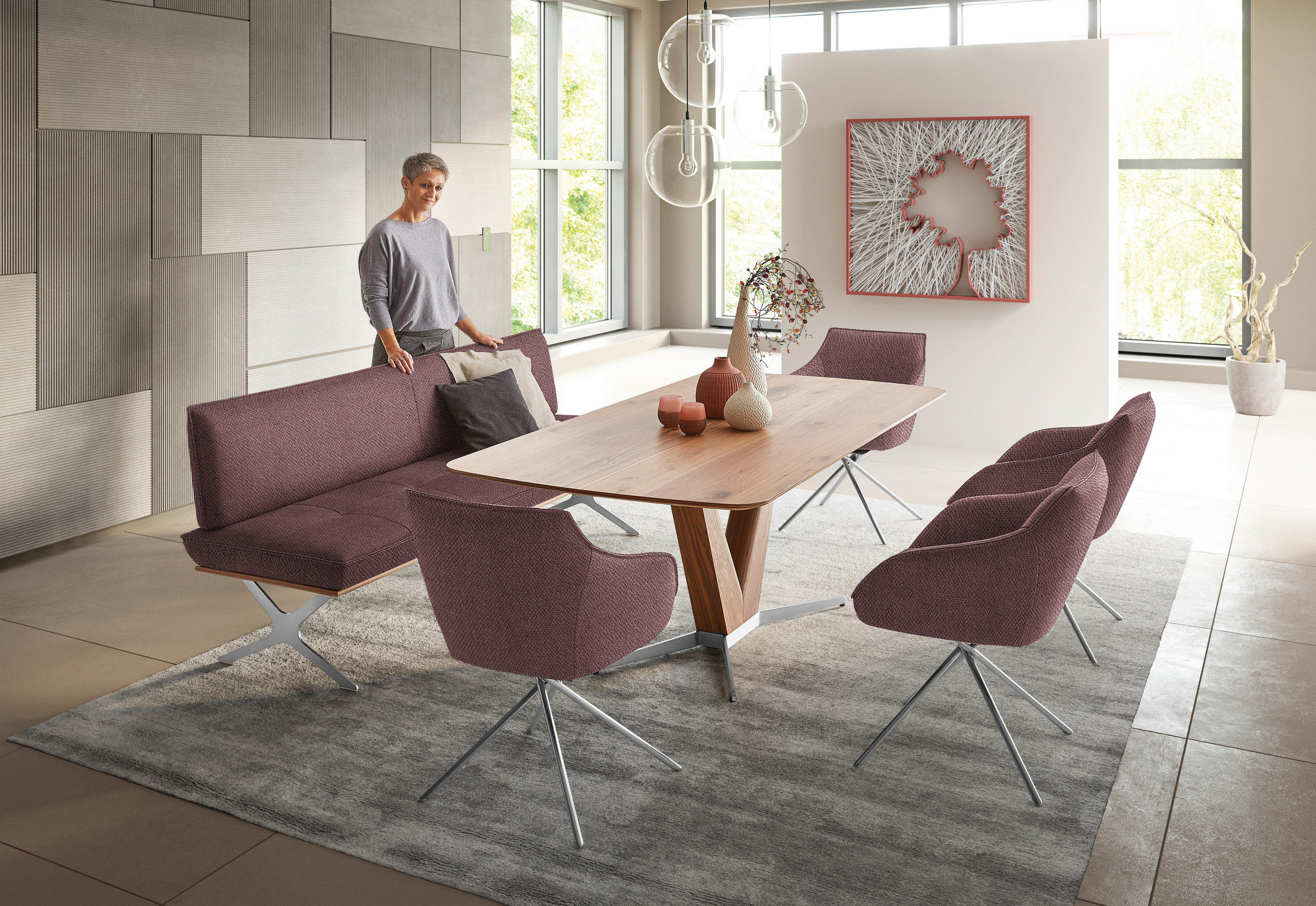 SITZBANK in Holz, Textil Nussbaumfarben, Nickelfarben, Altrosa  - Edelstahlfarben/Nussbaumfarben, Design, Holz/Textil (214/88/66cm) - Koinor