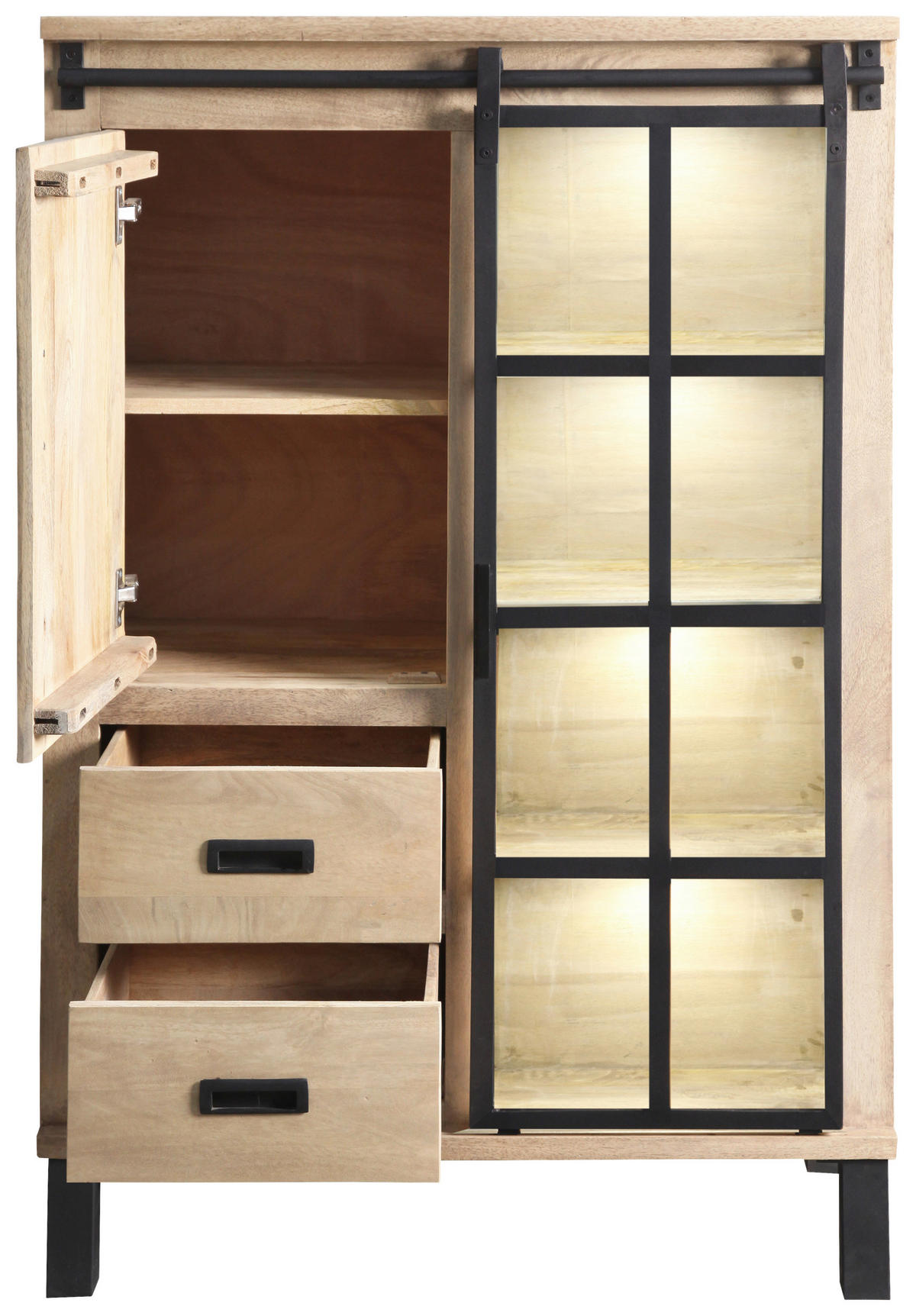 VITRINE  in Hartholz Mangoholz Schwarz, Graubraun  - Graubraun/Schwarz, LIFESTYLE, Glas/Holz (90/135/42cm) - Landscape