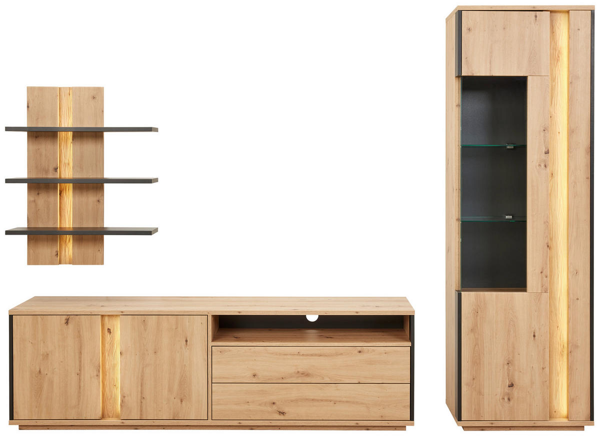 WOHNWAND  in Grau, Eichefarben  252/200/41 cm  - Eichefarben/Grau, Design, Glas/Holzwerkstoff (252/200/41cm) - Cantus