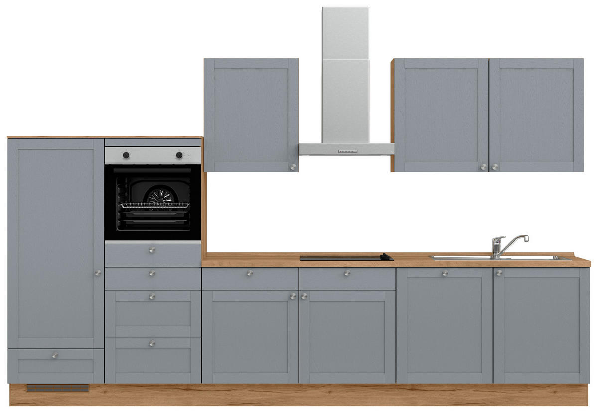 KÜCHENBLOCK Frame 360 cm  in Eichefarben, Blaugrau  - Edelstahlfarben/Eichefarben, MODERN, Holzwerkstoff/Metall (360cm) - Nobilia