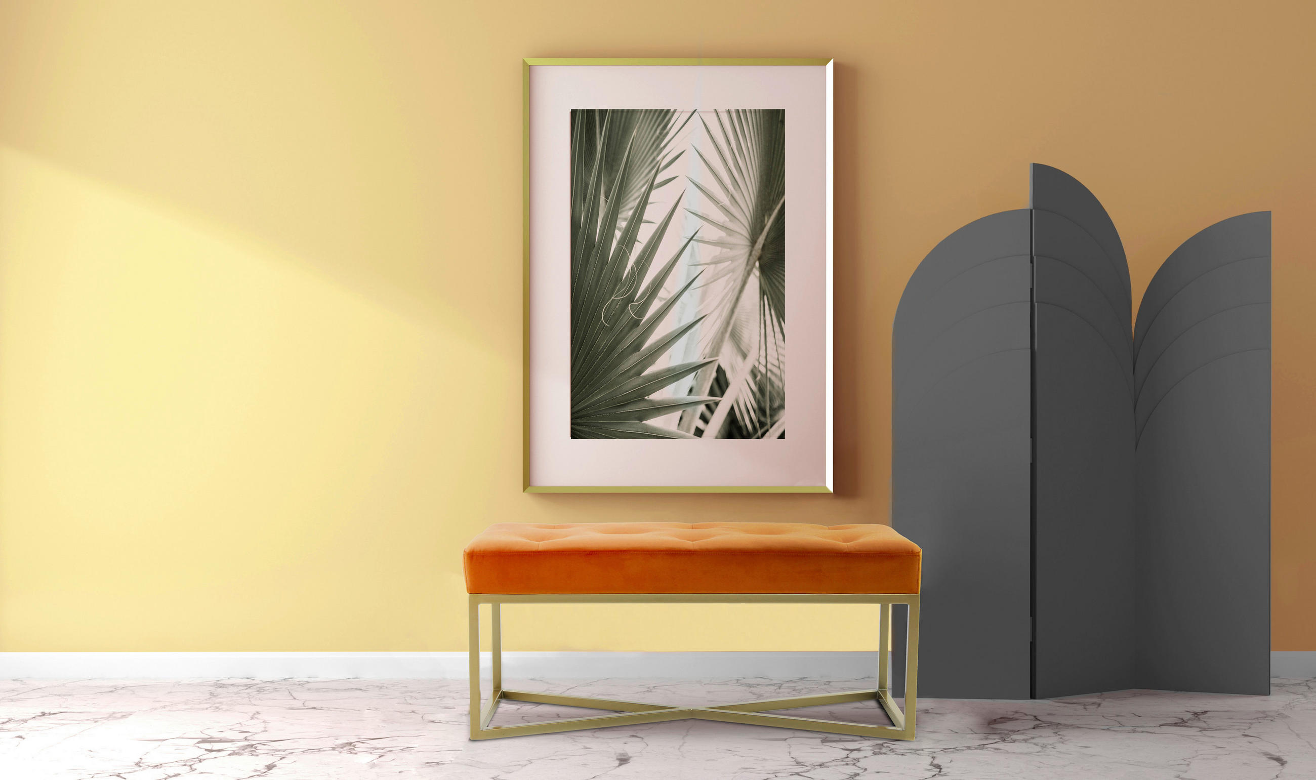 HOCKERBANK 40/40/90 cm Samt Orange, Goldfarben  - Goldfarben/Orange, Design, Holz/Textil (40/40/90cm) - Kayoom