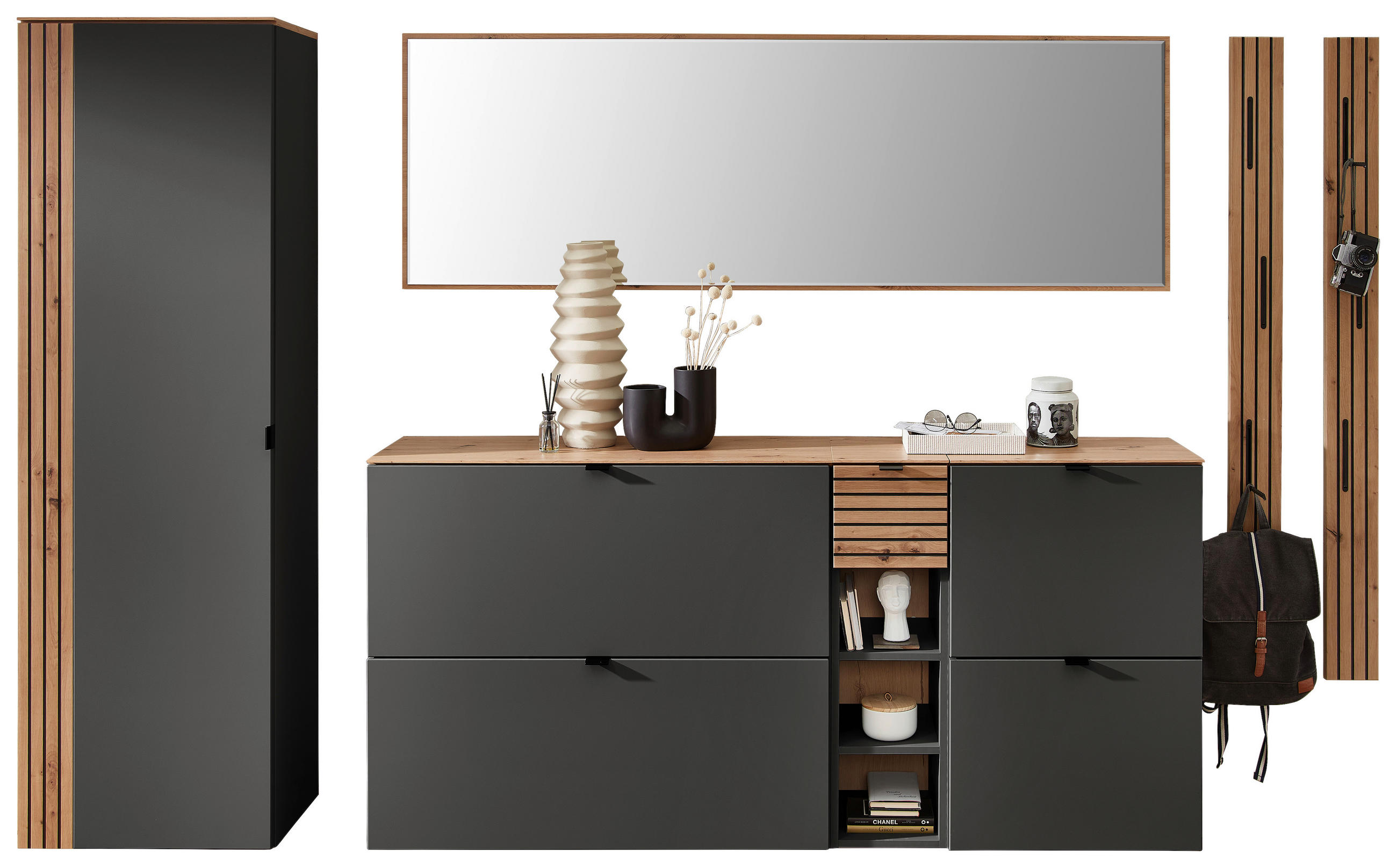 GARDEROBE 7-teilig  in 305/179/37 cm  - Graphitfarben/Eiche Artisan, Design, Holzwerkstoff (305/179/37cm) - Voleo