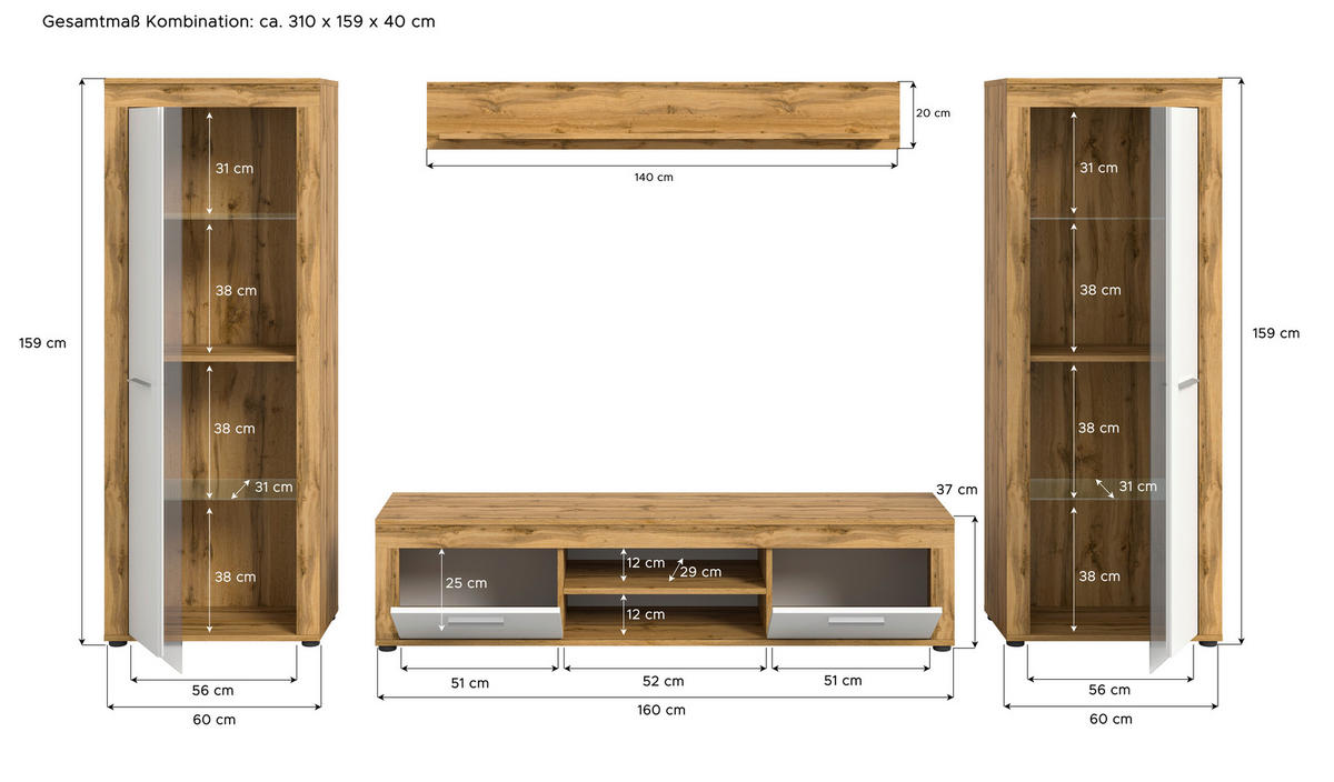 OBÝVACIA STENA, dub wotan - čierna/dub wotan, Design, kompozitné drevo/plast (310/159/35cm) - MID.YOU