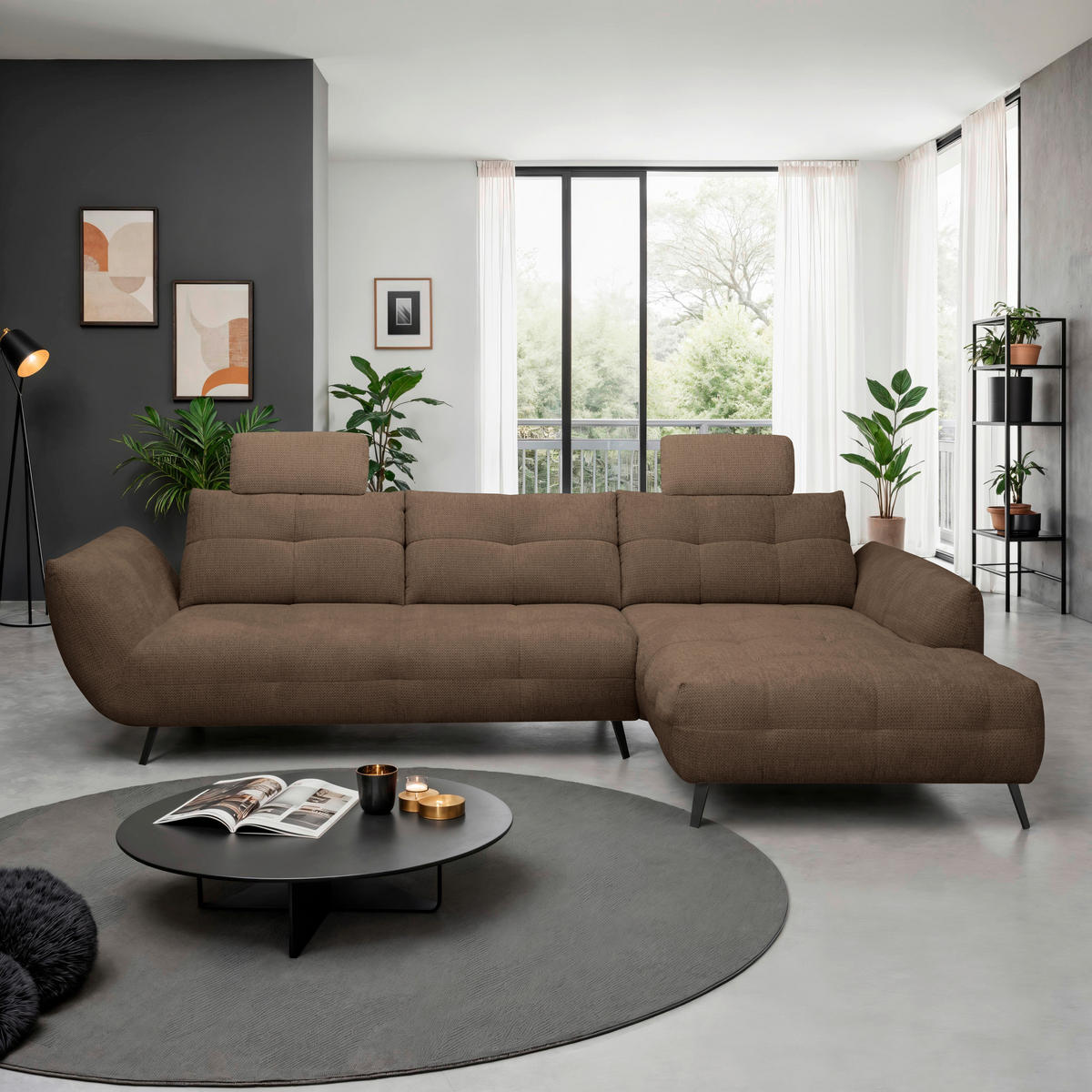 ECKSOFA Terracotta Chenille Armlehnenkissen, Rücken echt, Sitztiefenverstellung  - Terracotta/Schwarz, KONVENTIONELL, Textil/Metall (313/215cm) - Hom`in