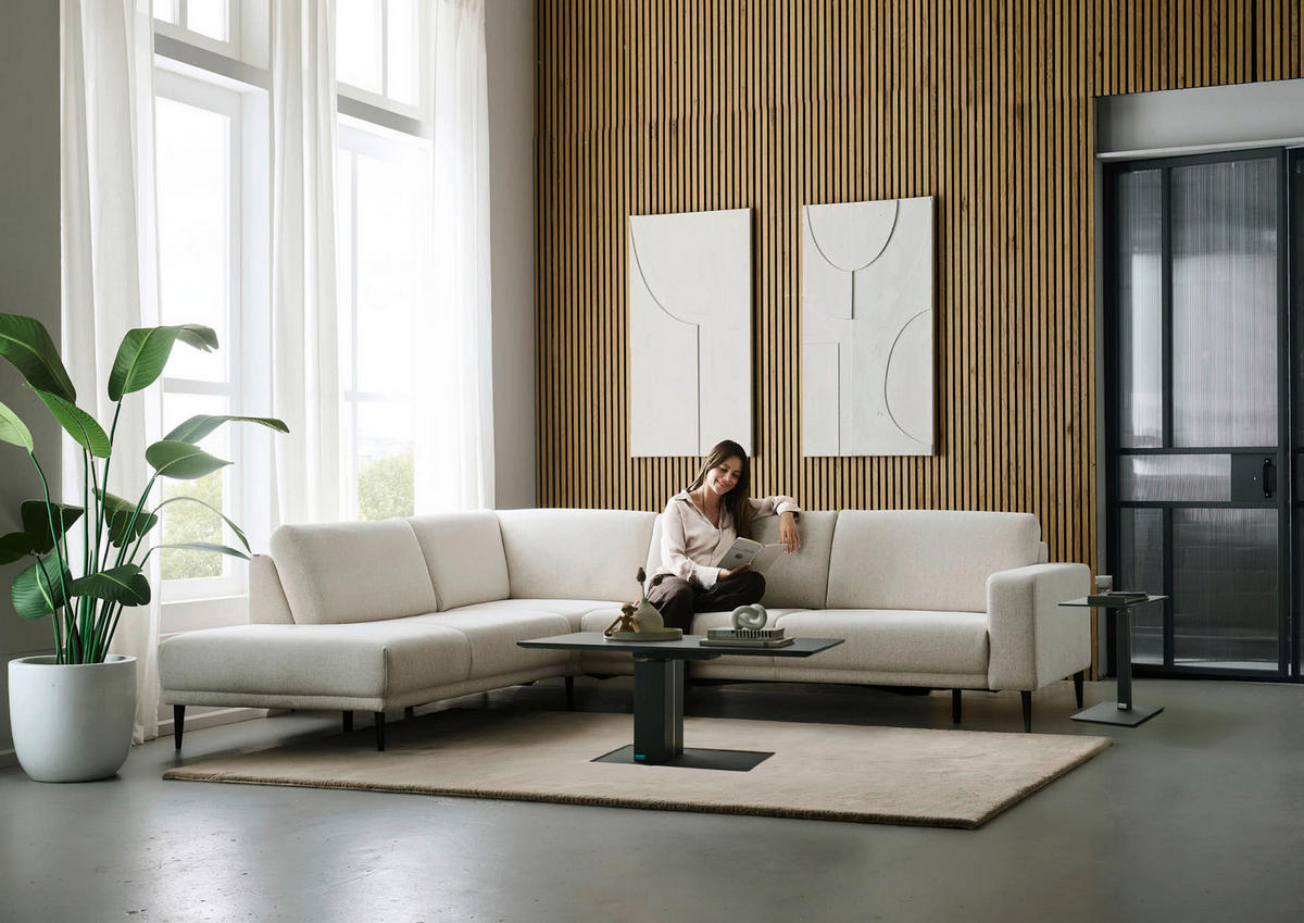 ECKSOFA Dieter Knoll Beige Chenille  - Beige/Schwarz, Design, Textil/Metall (254/303cm) - Dieter Knoll