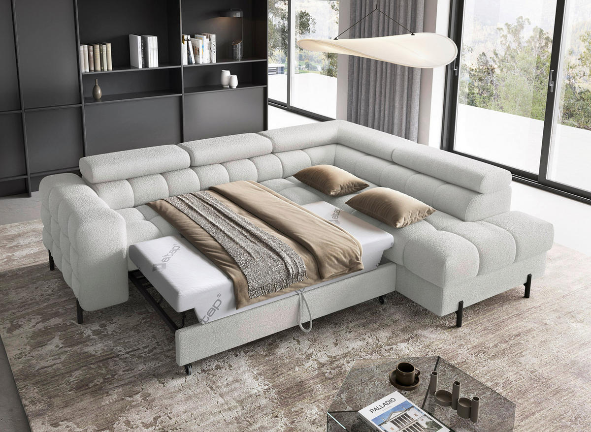 ECKSOFA FERUCCE Grau Teddystoff Bettkasten, Kopfteilverstellung  - Schwarz/Grau, Design, Textil/Metall (276/200cm) - MID.YOU