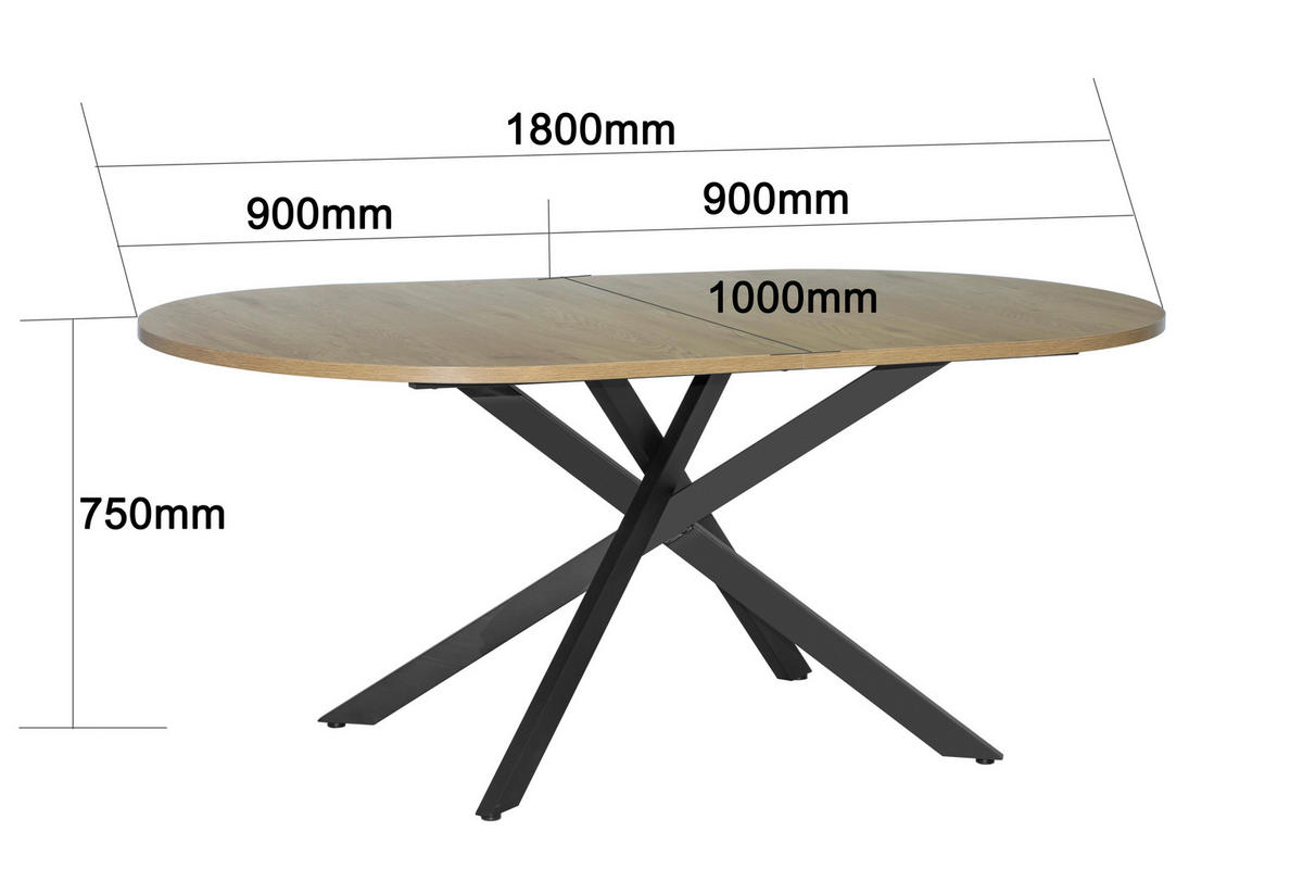 ESSTISCH oval Schwarz, Eichefarben  - Eichefarben/Schwarz, KONVENTIONELL, Holzwerkstoff/Metall (180/75/100cm) - MID.YOU