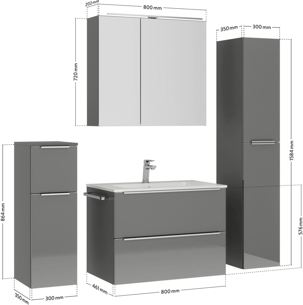 BADEZIMMER 5-teilig  in 141 cm  - Schieferfarben/Edelstahlfarben, MODERN, Holzwerkstoff/Stein (141cm) - Nobilia