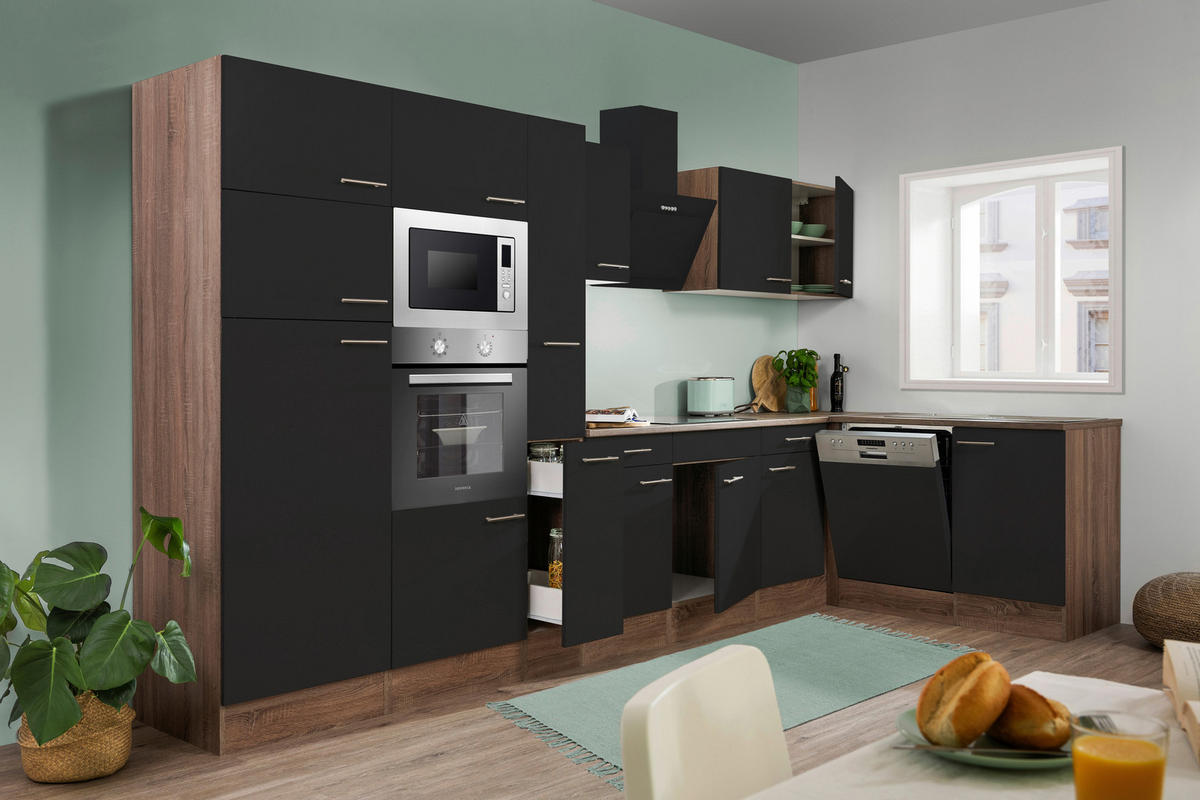 ECKKÜCHE 370/172 cm  in Schwarz  - Eichefarben/Schwarz, Basics, Holzwerkstoff/Metall (370/172cm) - Respekta