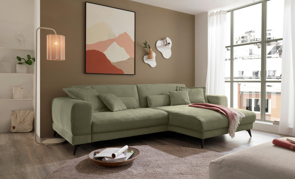 ECKSOFA Grün Chenille  - Schwarz/Grün, KONVENTIONELL, Textil/Metall (292/194cm) - SetOne by Musterring